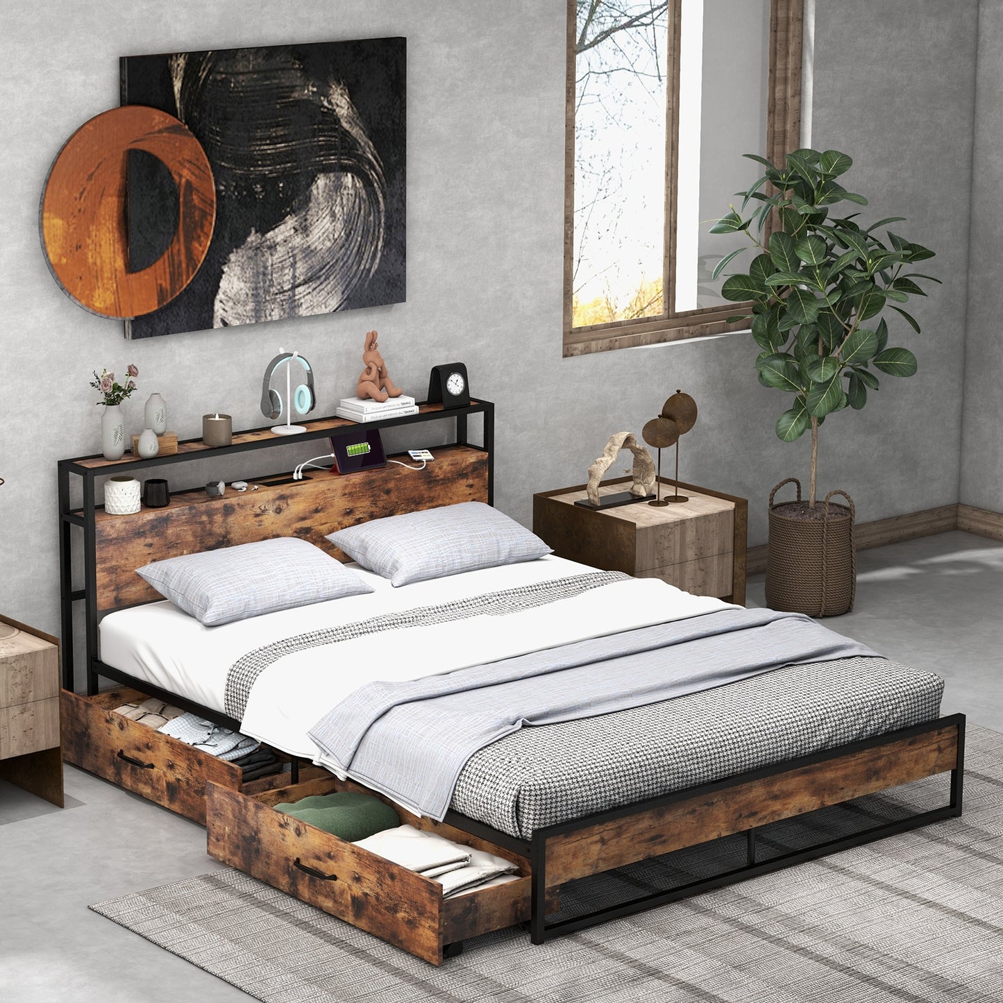 Durable Rustic Brown Bed Frame with 2-Tier Storage Headboard & Charging Station - Full/Queen Size