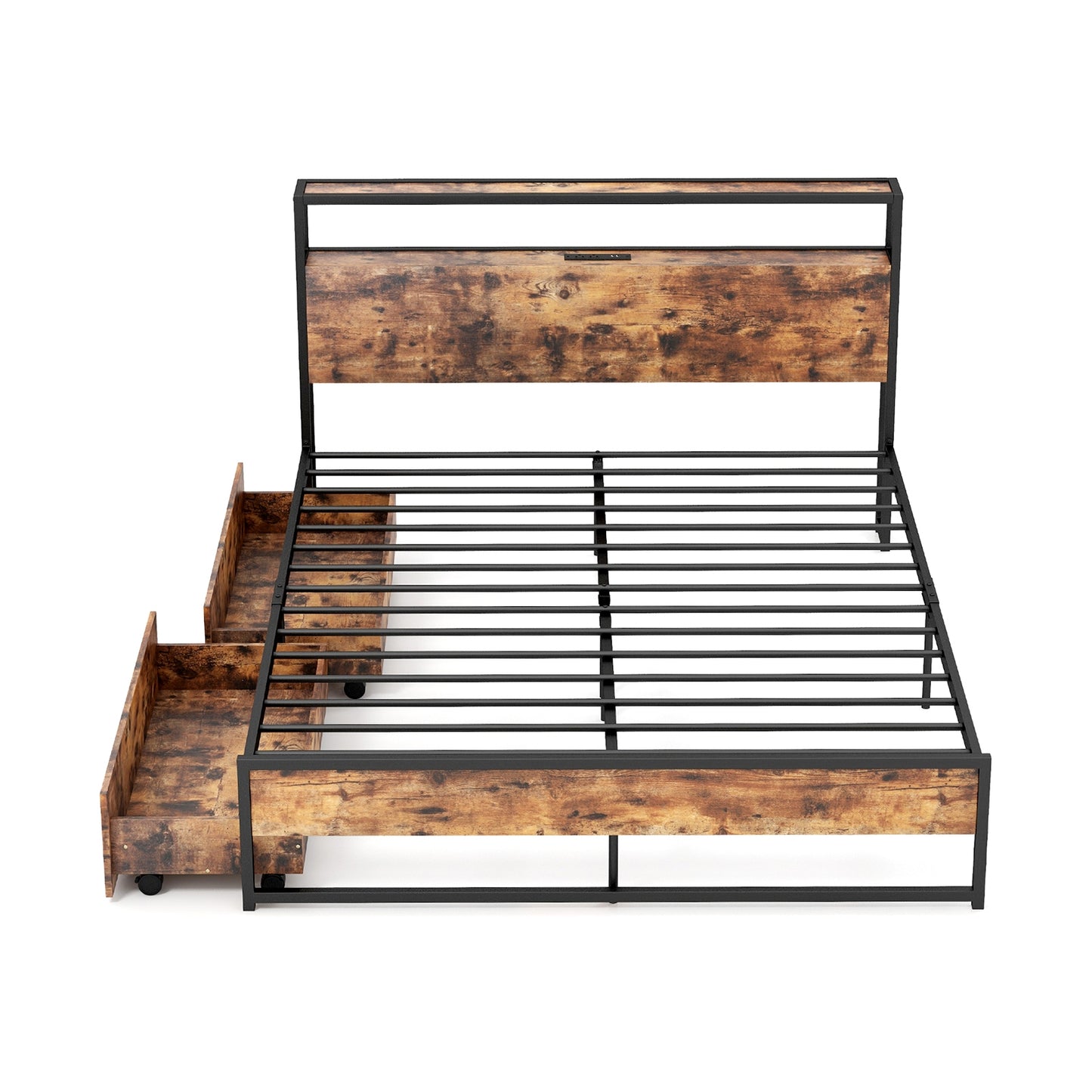Durable Rustic Brown Bed Frame with 2-Tier Storage Headboard & Charging Station - Full/Queen Size