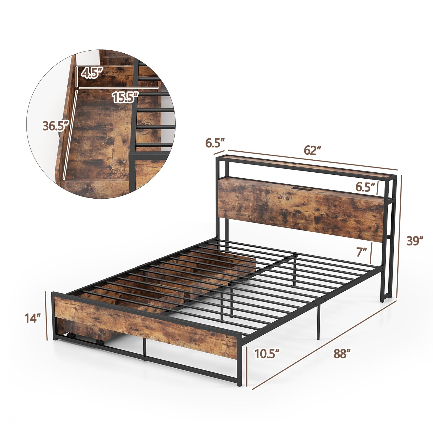 Durable Rustic Brown Bed Frame with 2-Tier Storage Headboard & Charging Station - Full/Queen Size