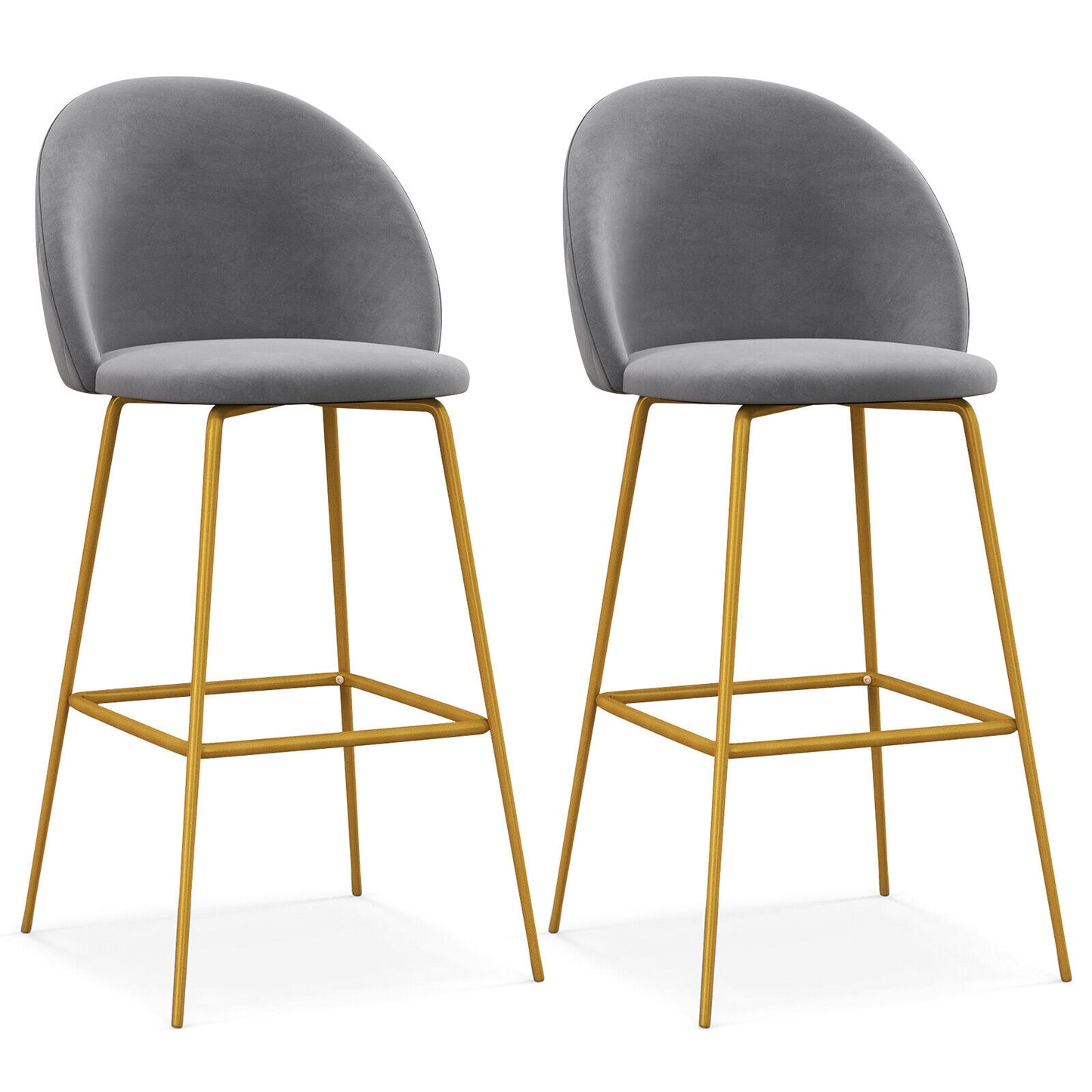 Set of 2 Velvet Bar Stools with Padded Seats, Curved Back, and Gold Metal Frame, 29 Inch