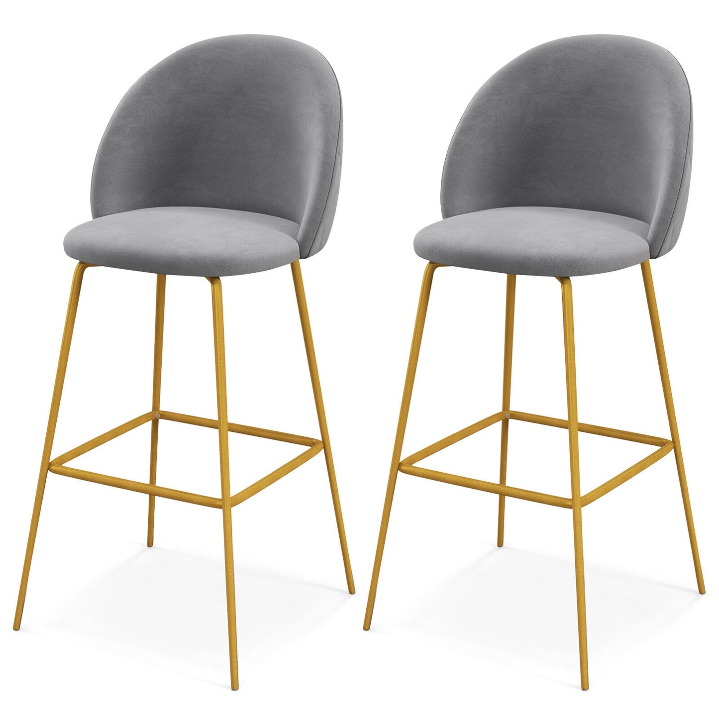 Set of 2 Velvet Bar Stools with Padded Seats, Curved Back, and Gold Metal Frame, 29 Inch