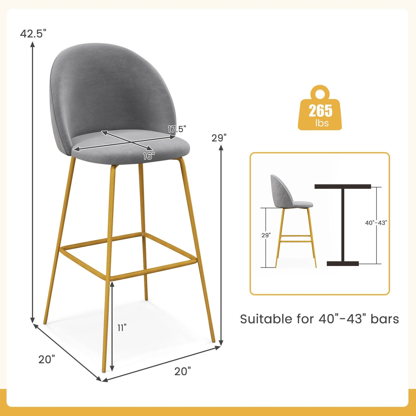 Set of 2 Velvet Bar Stools with Padded Seats, Curved Back, and Gold Metal Frame, 29 Inch