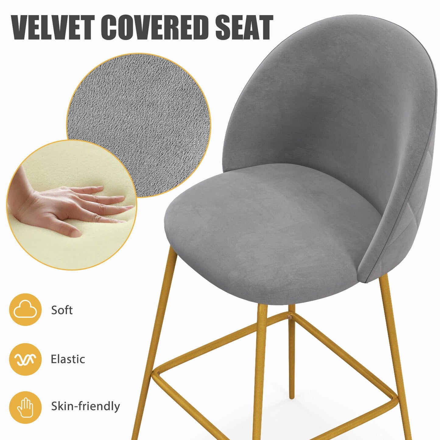 Set of 2 Velvet Bar Stools with Padded Seats, Curved Back, and Gold Metal Frame, 29 Inch