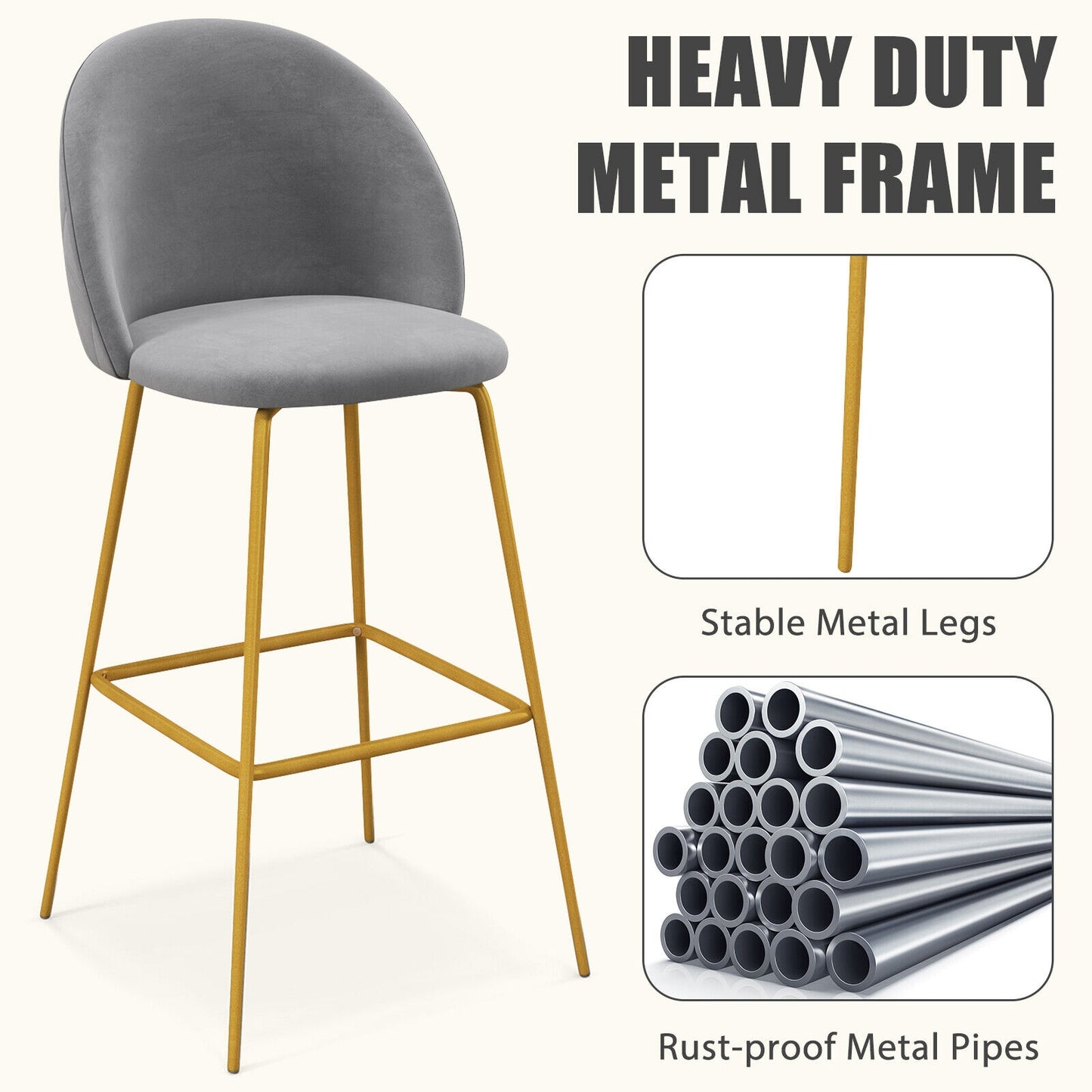 Set of 2 Velvet Bar Stools with Padded Seats, Curved Back, and Gold Metal Frame, 29 Inch