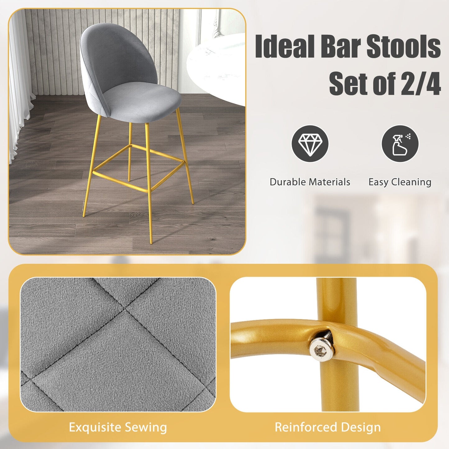 Set of 2 Velvet Bar Stools with Padded Seats, Curved Back, and Gold Metal Frame, 29 Inch