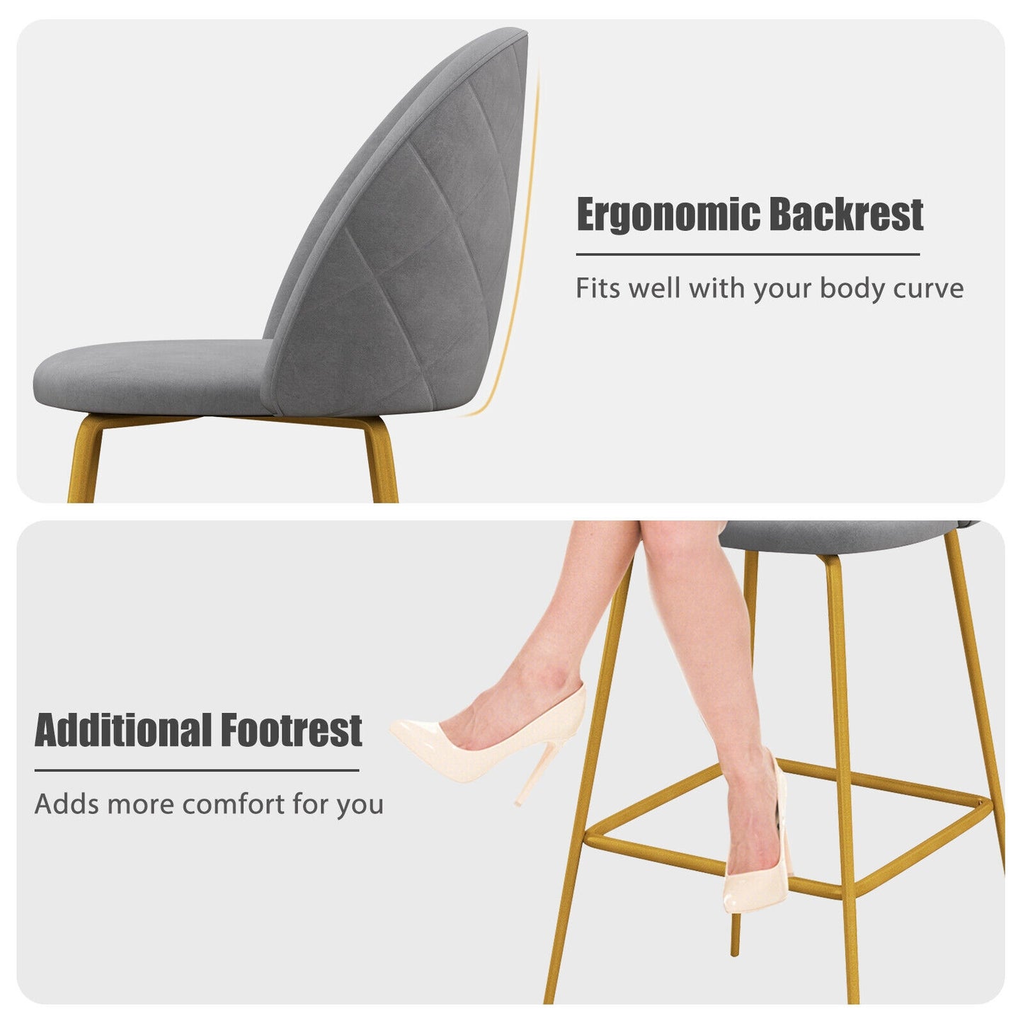 Set of 2 Velvet Bar Stools with Padded Seats, Curved Back, and Gold Metal Frame, 29 Inch