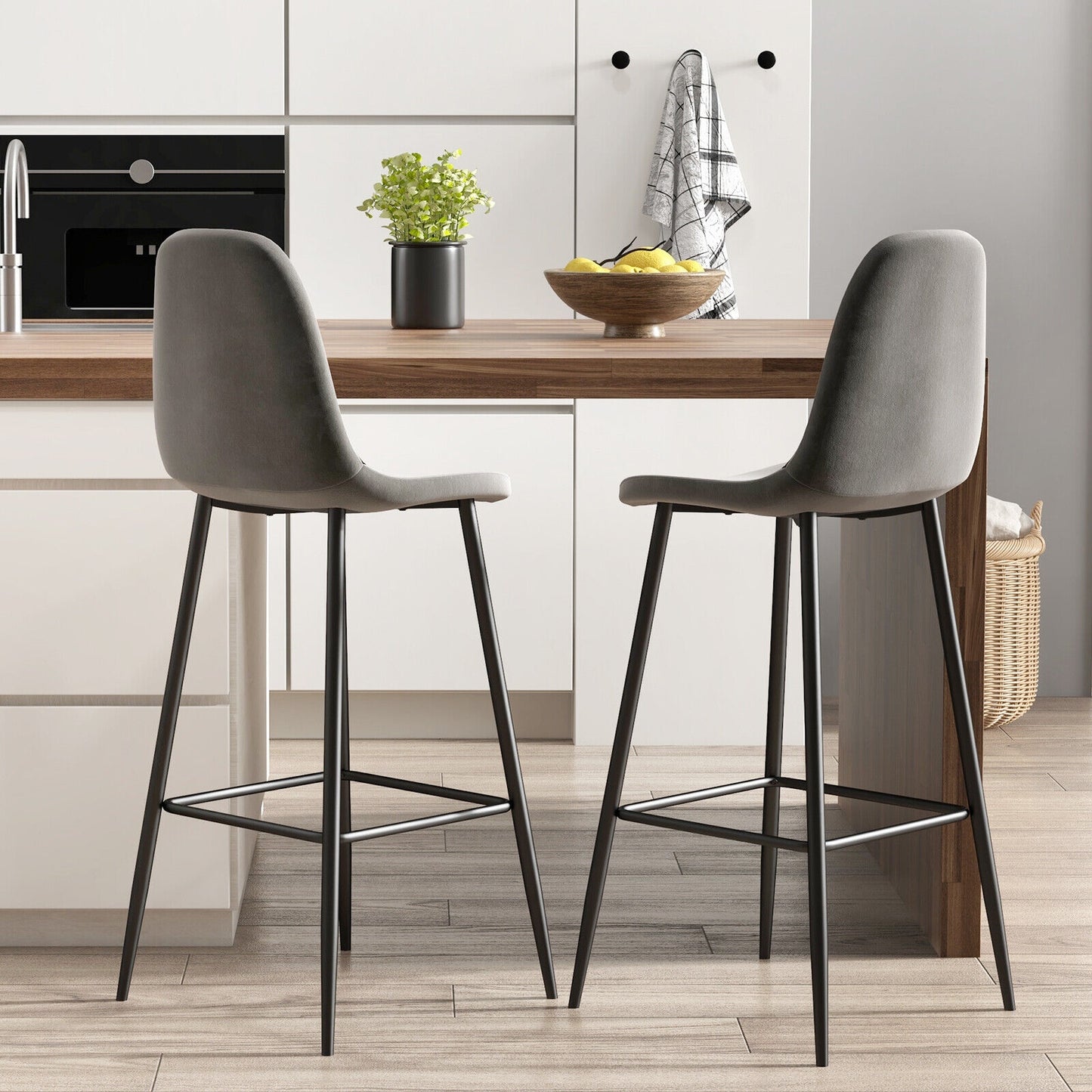 Set of 2 High Back Bar Stools 29.5 Inch with Velvet Upholstery and Metal Frame in Dark Grey