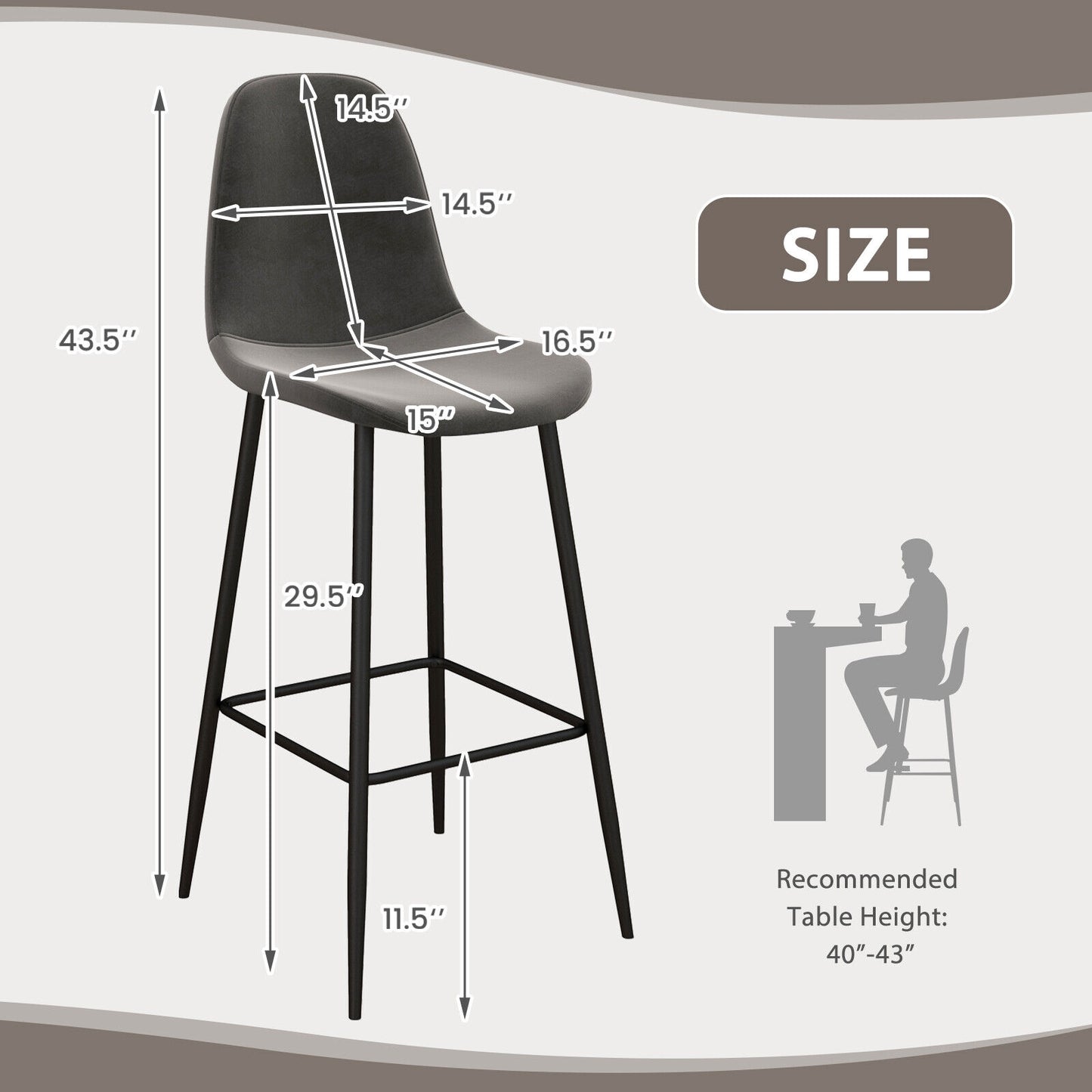 Set of 2 High Back Bar Stools 29.5 Inch with Velvet Upholstery and Metal Frame in Dark Grey
