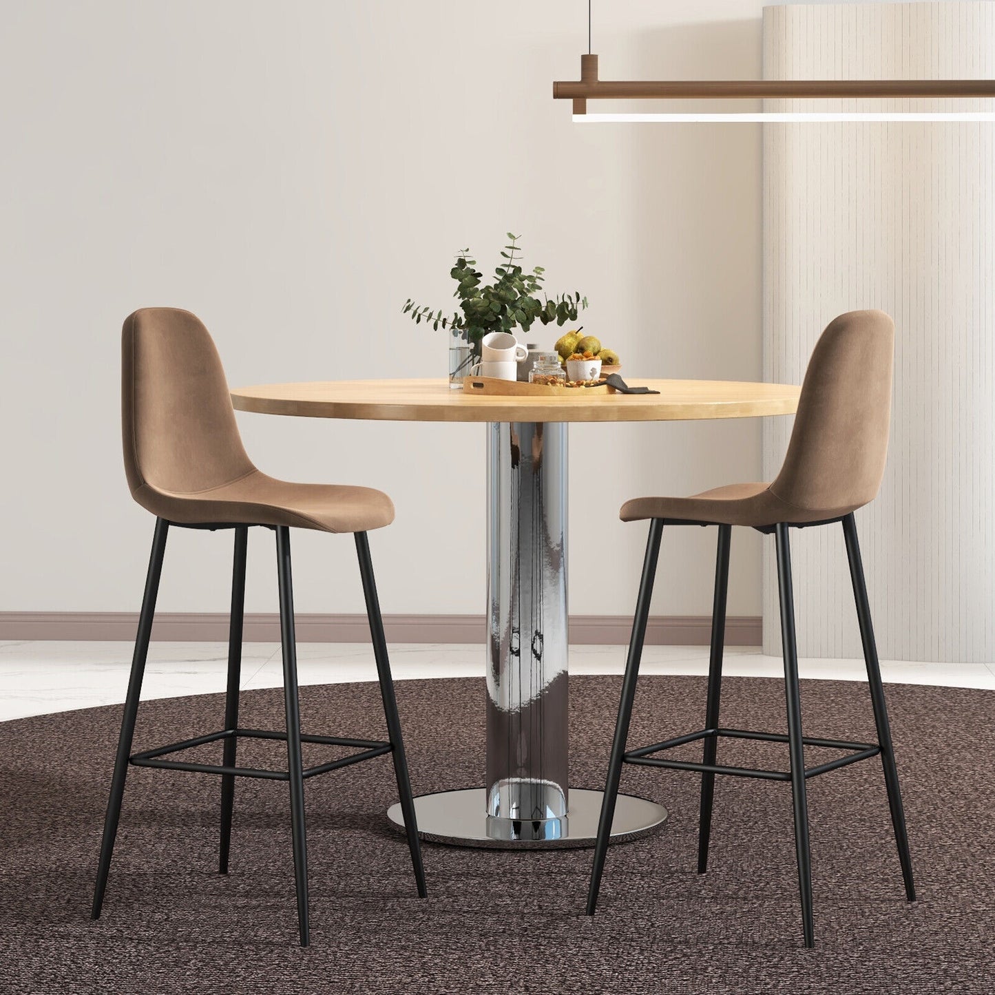 Set of 2 High Back Bar Stools 29.5 Inch with Velvet Upholstery and Metal Frame in Brown
