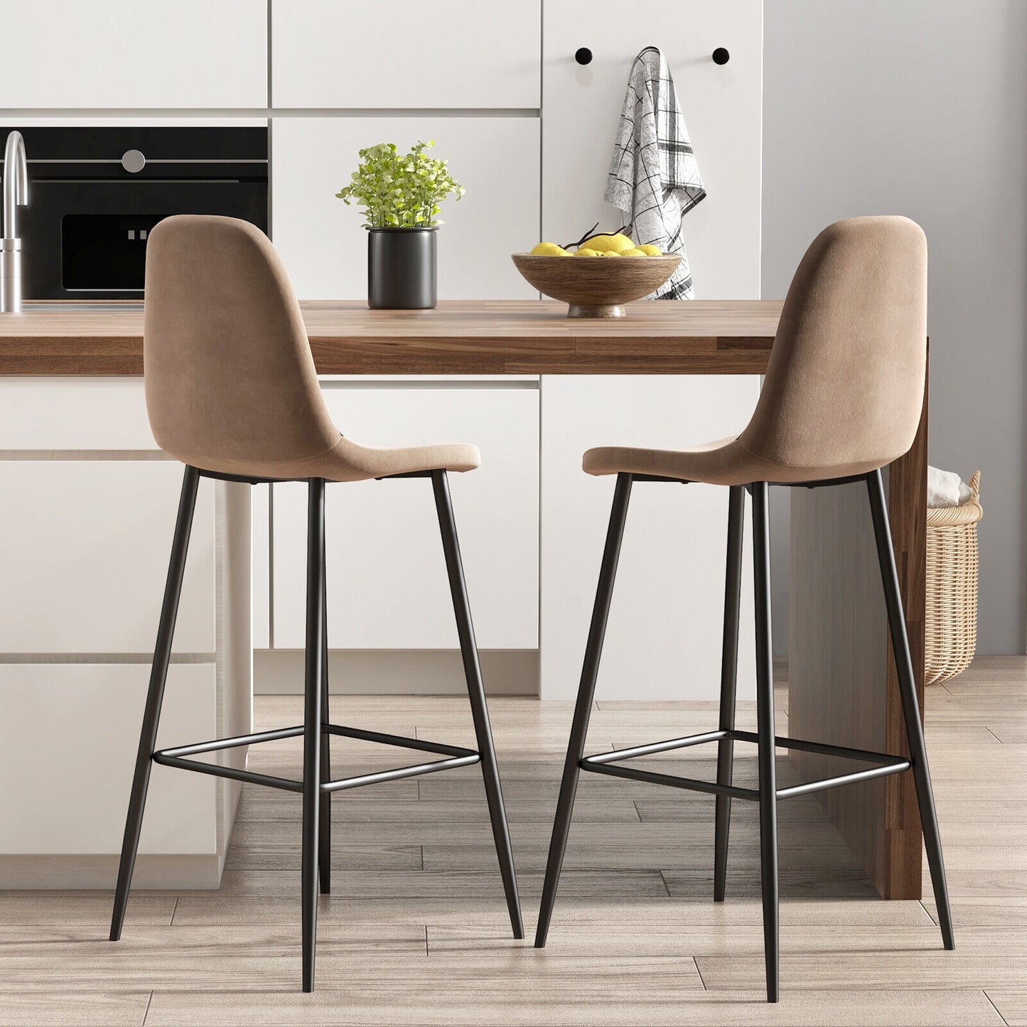 Set of 2 High Back Bar Stools 29.5 Inch with Velvet Upholstery and Metal Frame in Brown