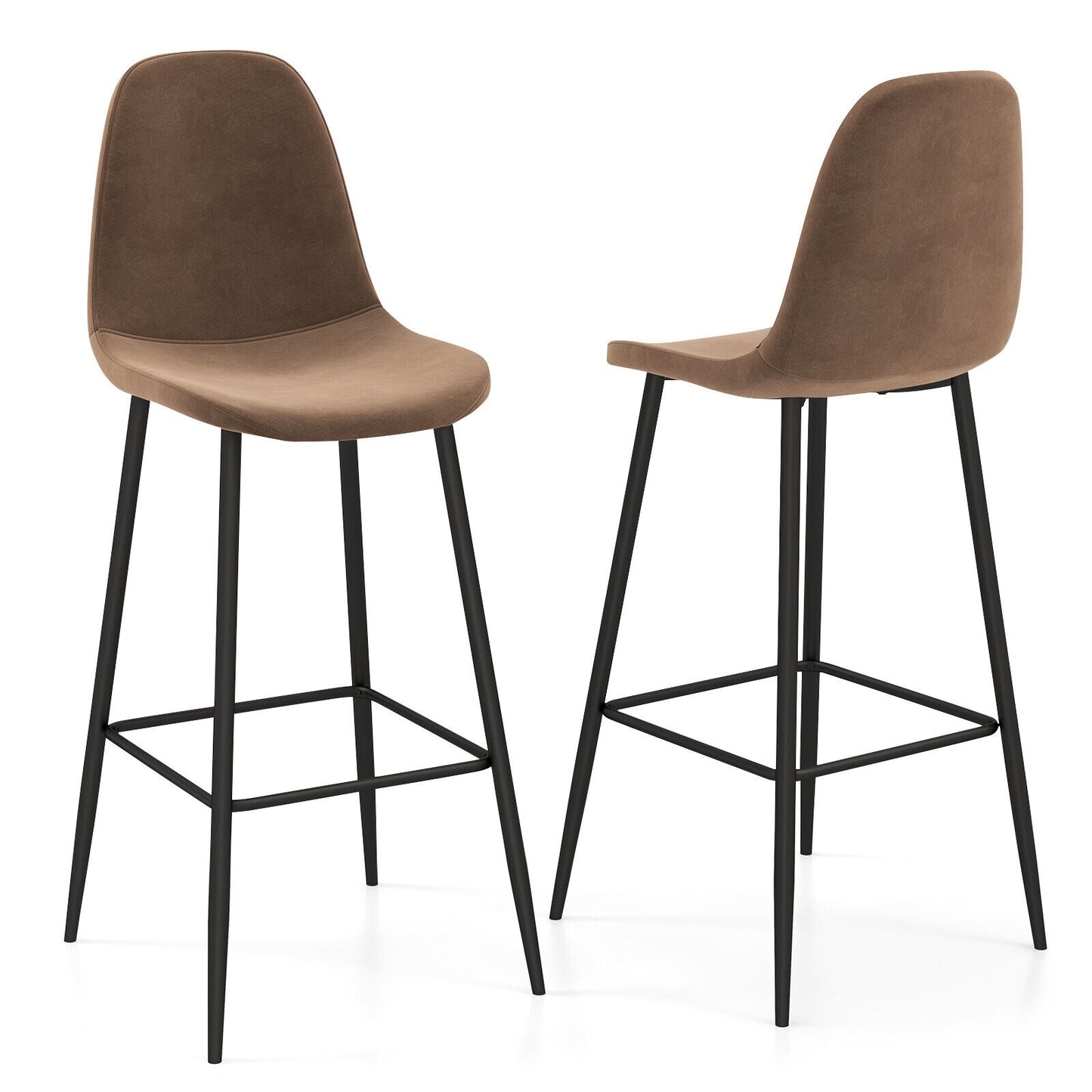 Set of 2 High Back Bar Stools 29.5 Inch with Velvet Upholstery and Metal Frame in Brown