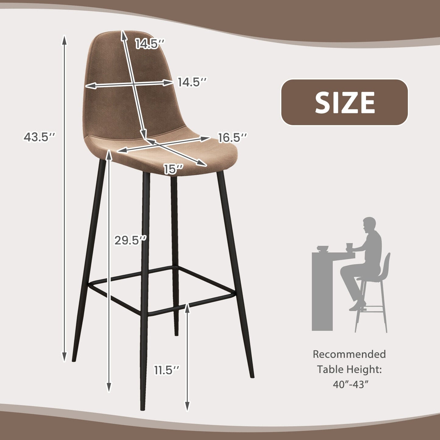 Set of 2 High Back Bar Stools 29.5 Inch with Velvet Upholstery and Metal Frame in Brown