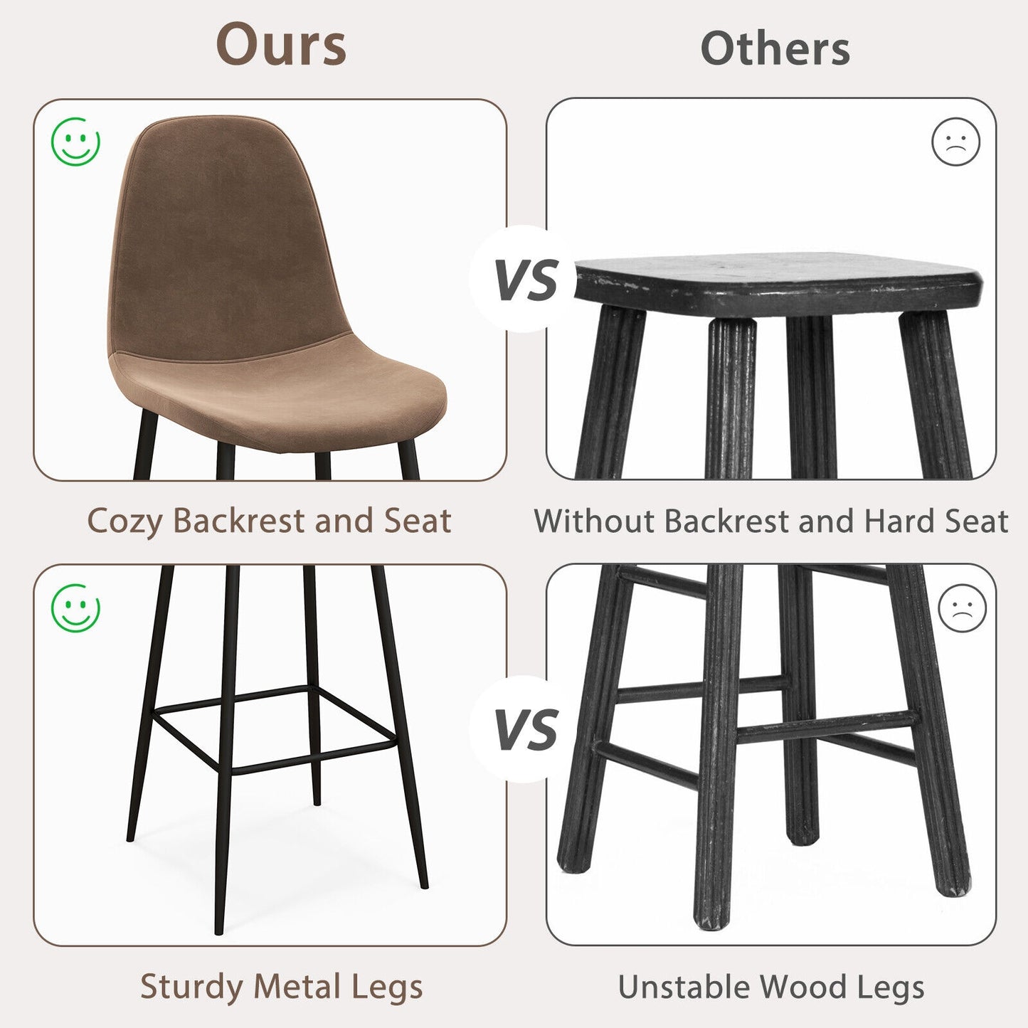 Set of 2 High Back Bar Stools 29.5 Inch with Velvet Upholstery and Metal Frame in Brown