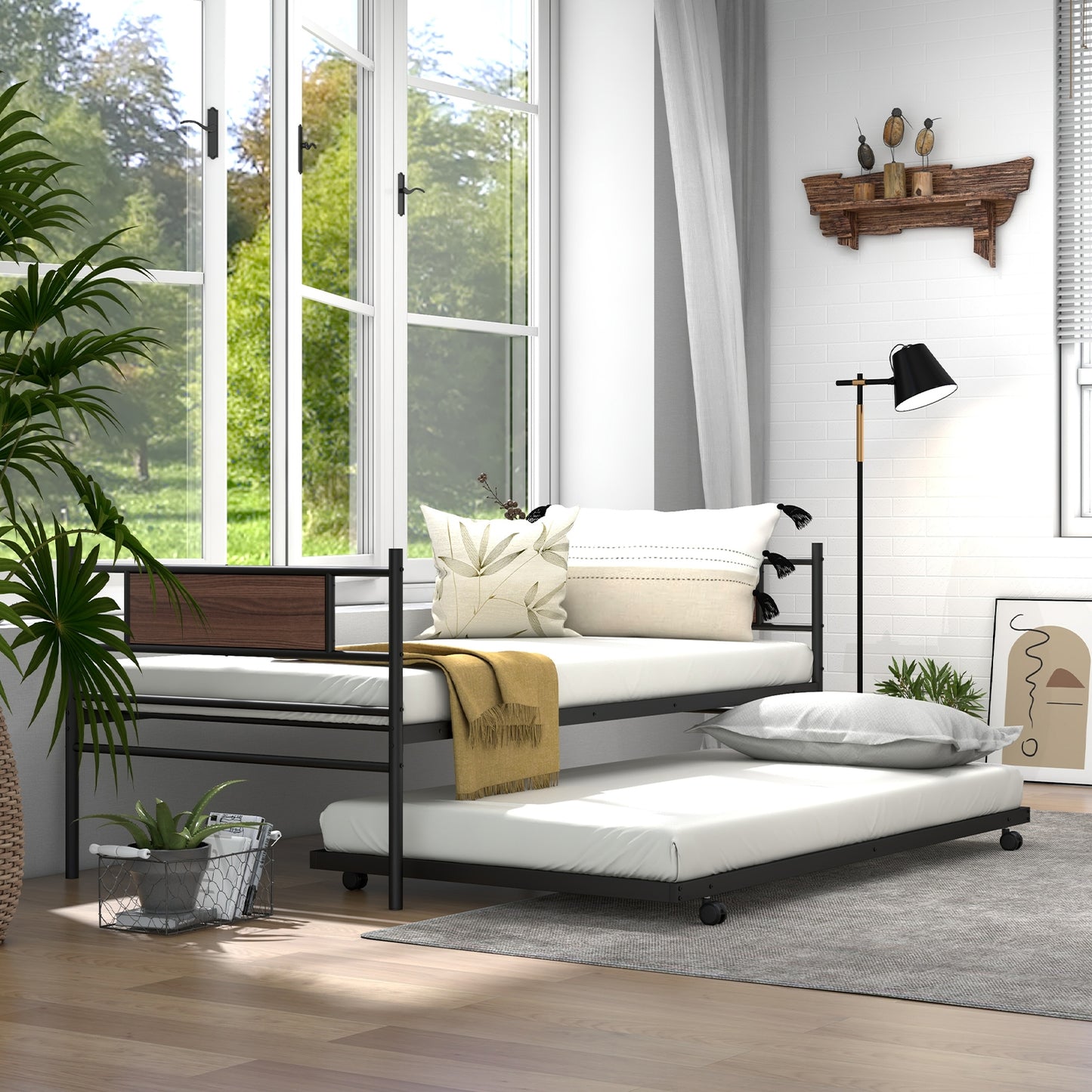Twin Metal Daybed with Trundle and Wood Panel Accents