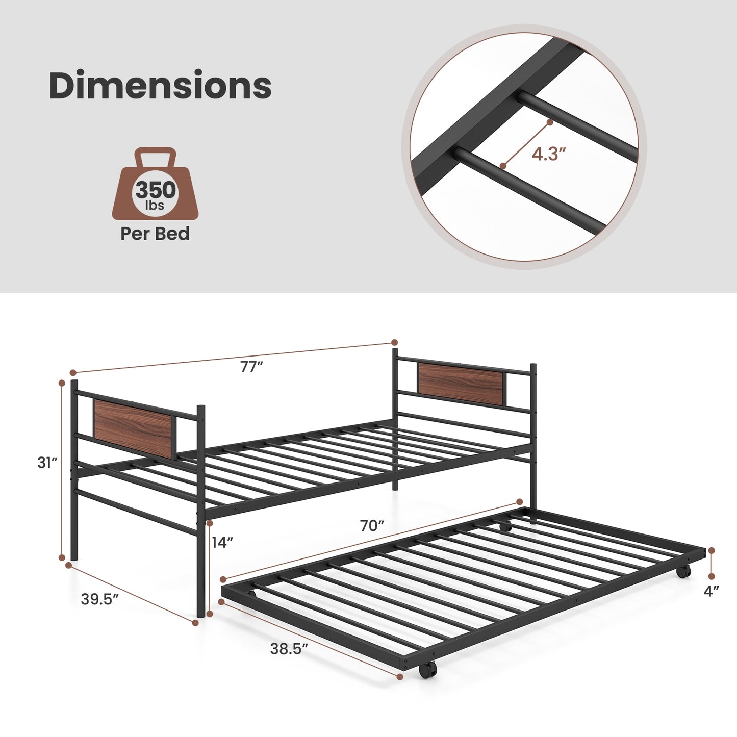 Twin Metal Daybed with Trundle and Wood Panel Accents