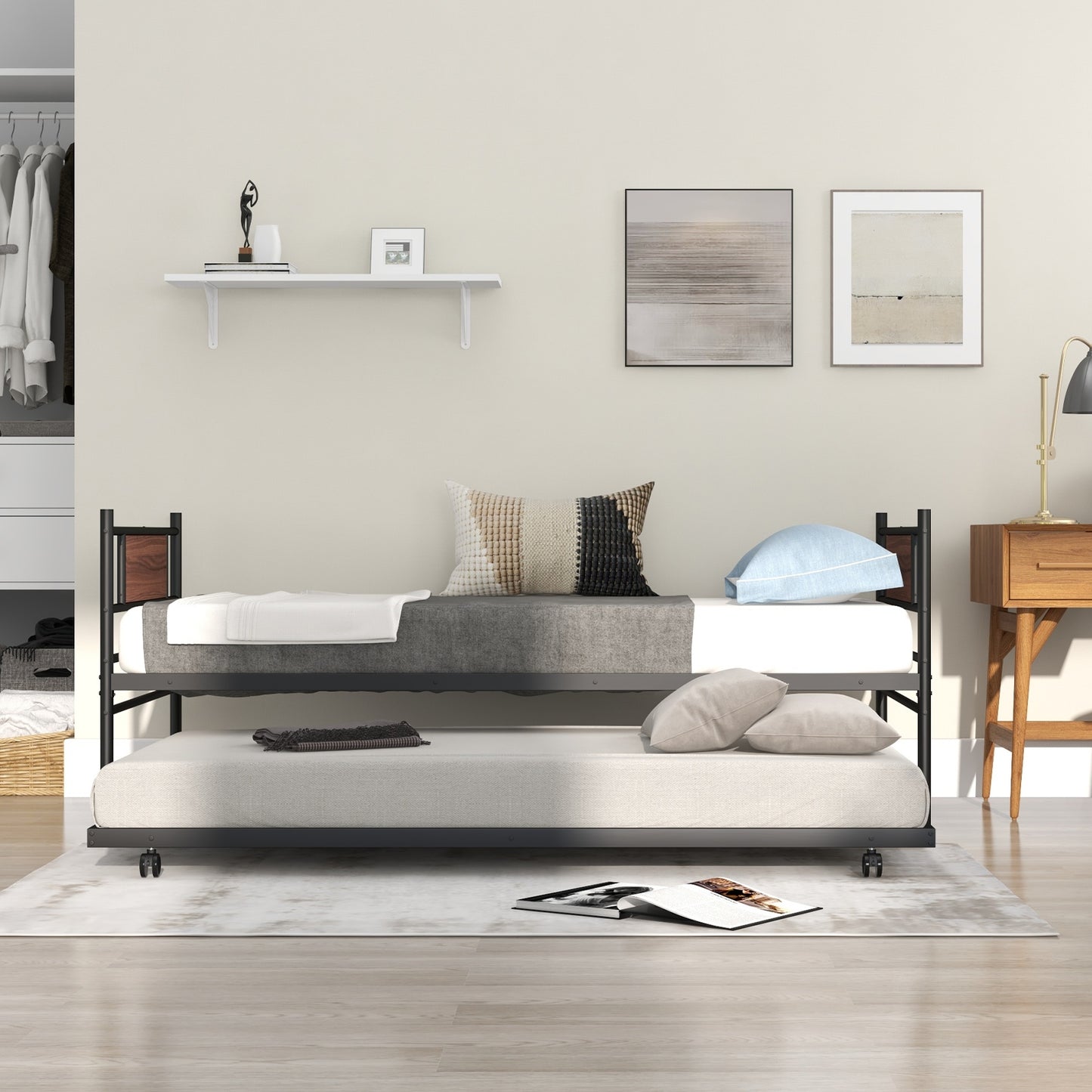 Twin Metal Daybed with Trundle and Wood Panel Accents