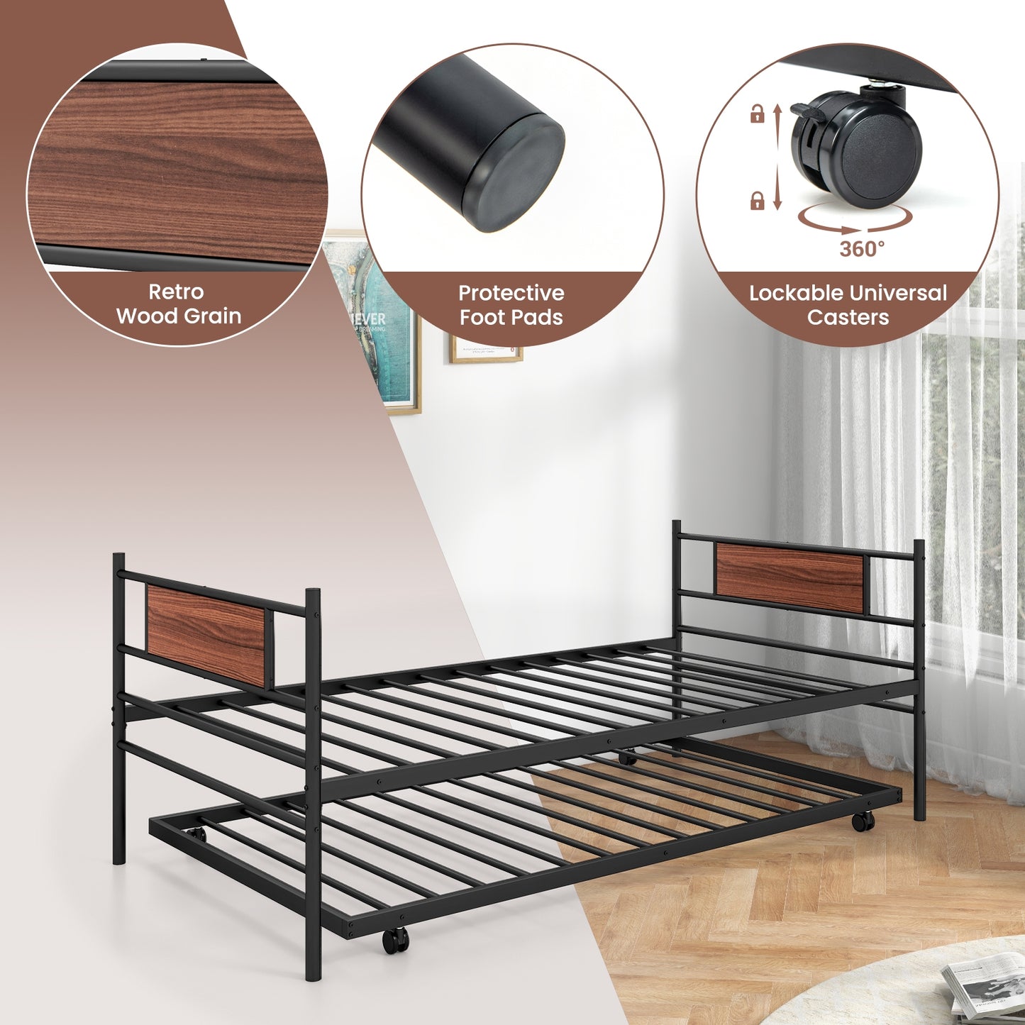 Twin Metal Daybed with Trundle and Wood Panel Accents