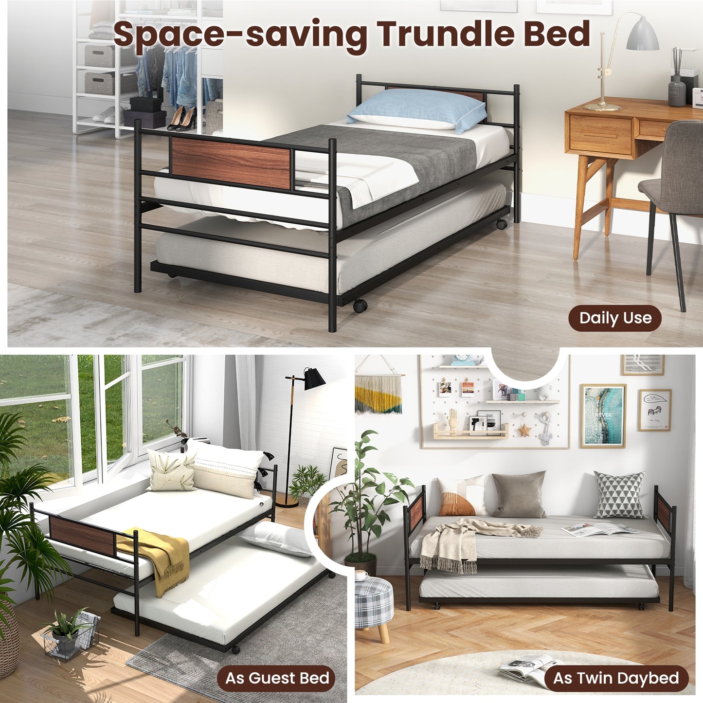 Twin Metal Daybed with Trundle and Wood Panel Accents
