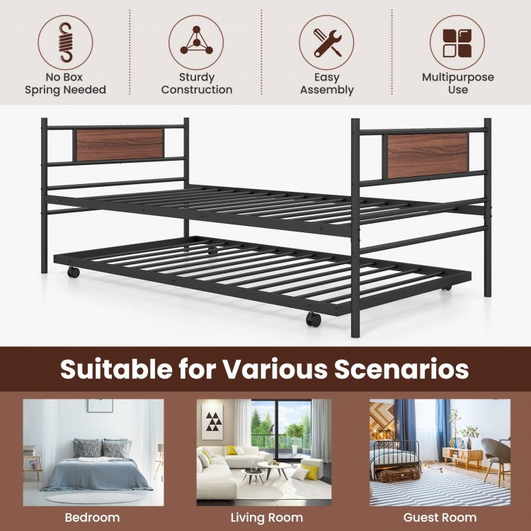 Twin Metal Daybed with Trundle and Wood Panel Accents