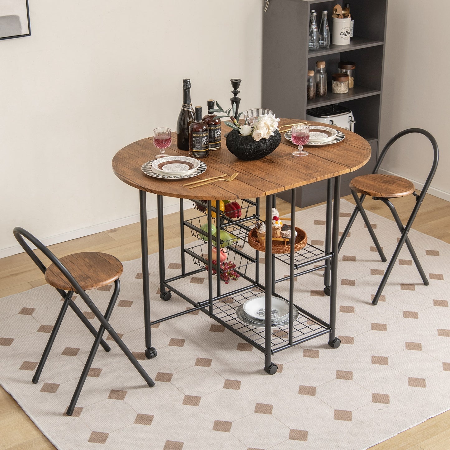 Modern 3 Piece Folding Dining Set with Drop Leaf Table and Comfortable Chairs