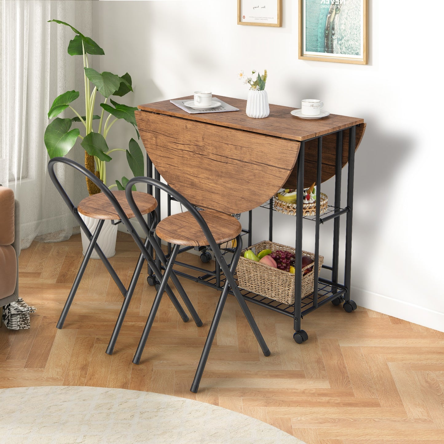 Modern 3 Piece Folding Dining Set with Drop Leaf Table and Comfortable Chairs