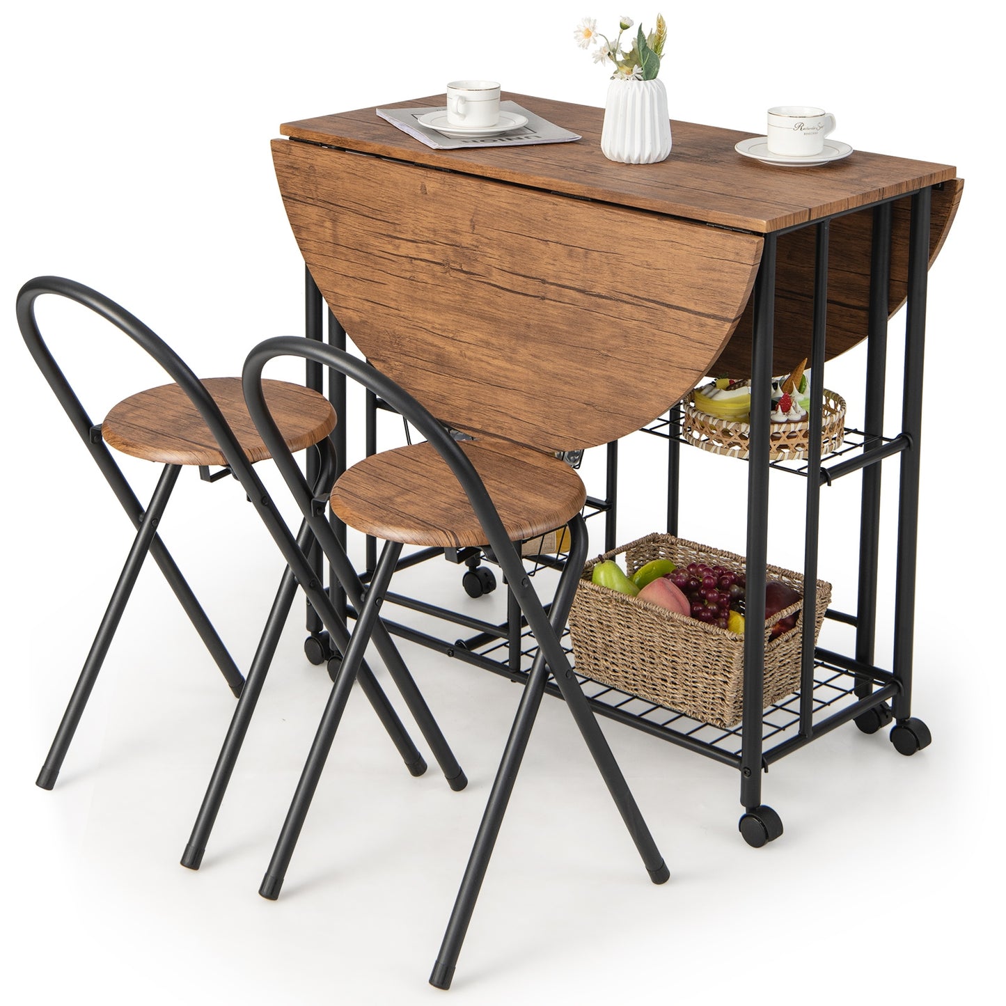 Modern 3 Piece Folding Dining Set with Drop Leaf Table and Comfortable Chairs