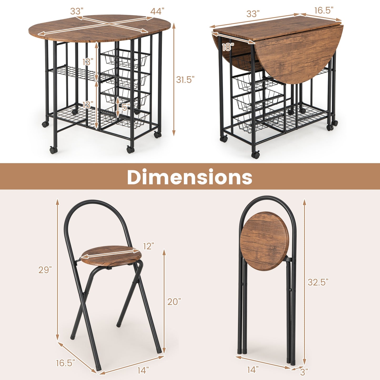 Modern 3 Piece Folding Dining Set with Drop Leaf Table and Comfortable Chairs