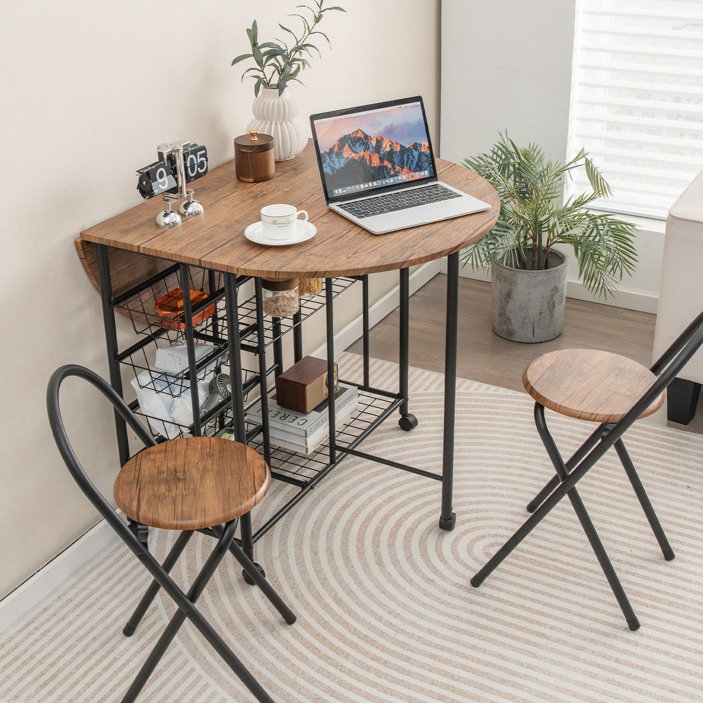 Modern 3 Piece Folding Dining Set with Drop Leaf Table and Comfortable Chairs