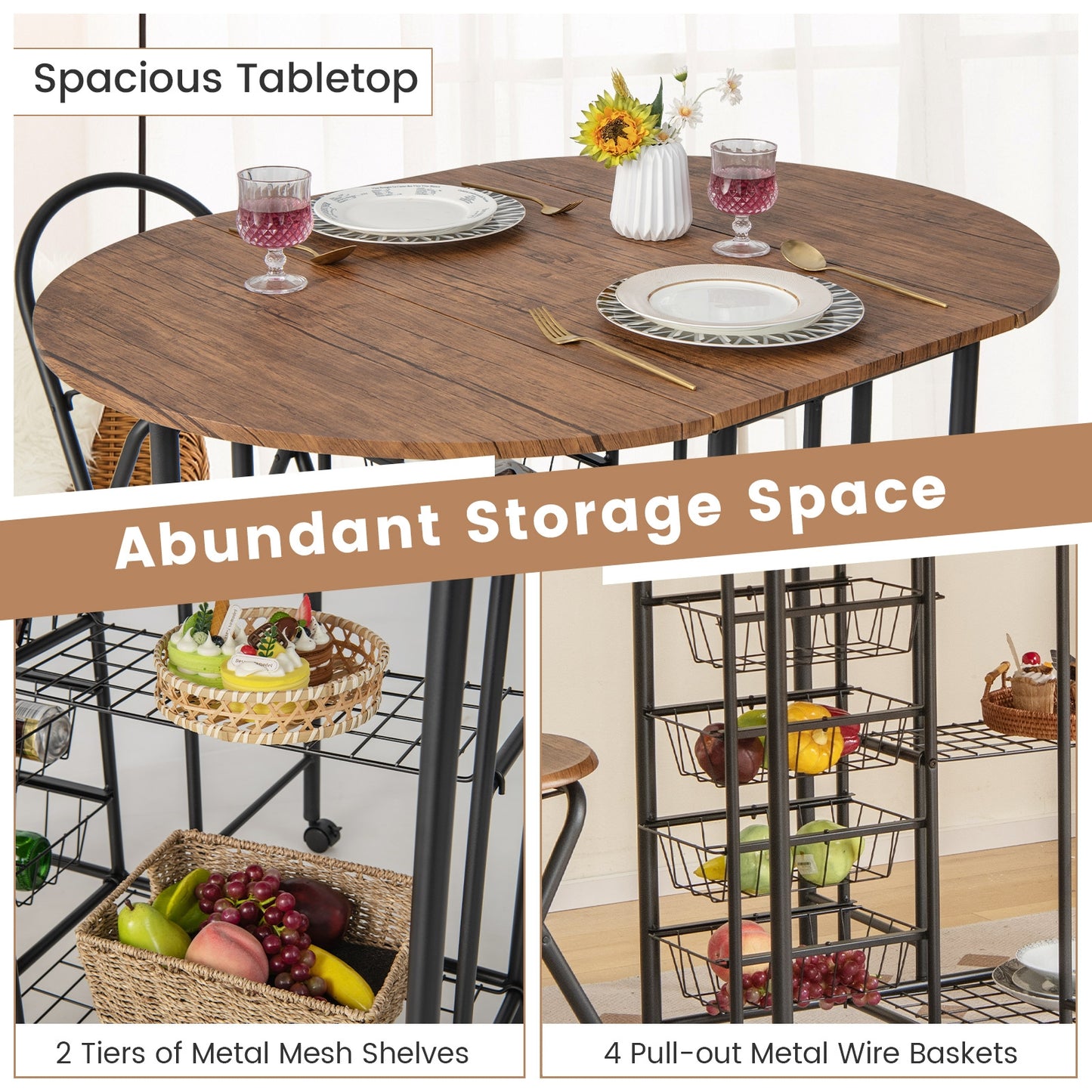 Modern 3 Piece Folding Dining Set with Drop Leaf Table and Comfortable Chairs