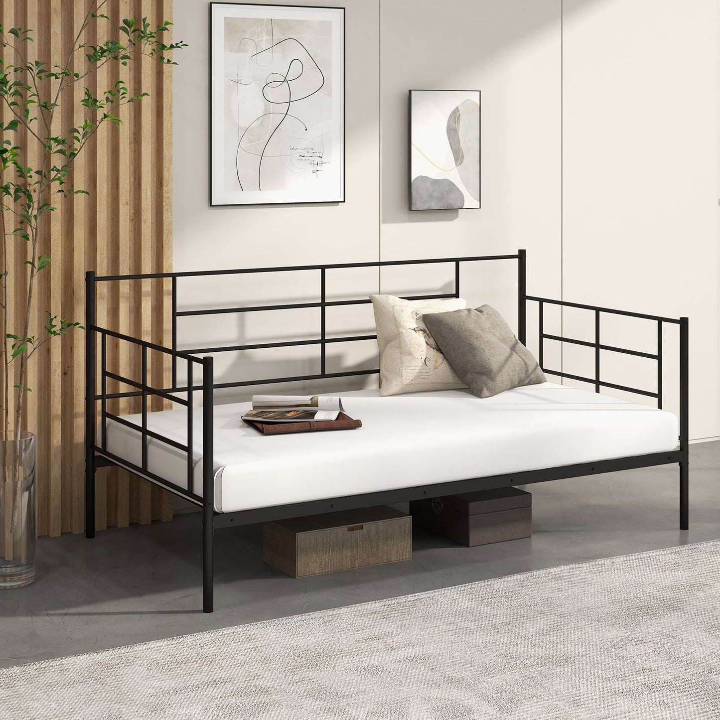 Metal Twin Size Daybed Sofa Frame with Armrests and Backrest for Living Room or Guest Room