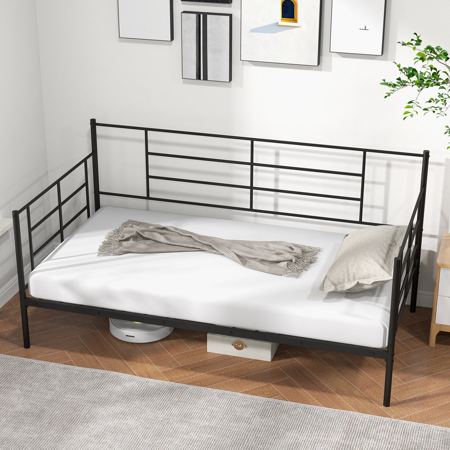 Metal Twin Size Daybed Sofa Frame with Armrests and Backrest for Living Room or Guest Room