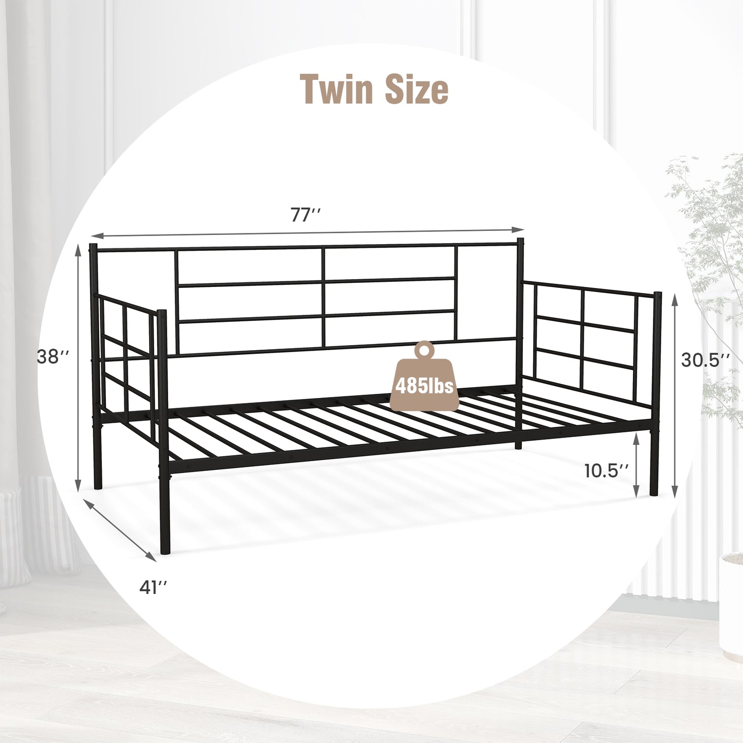 Metal Twin Size Daybed Sofa Frame with Armrests and Backrest for Living Room or Guest Room