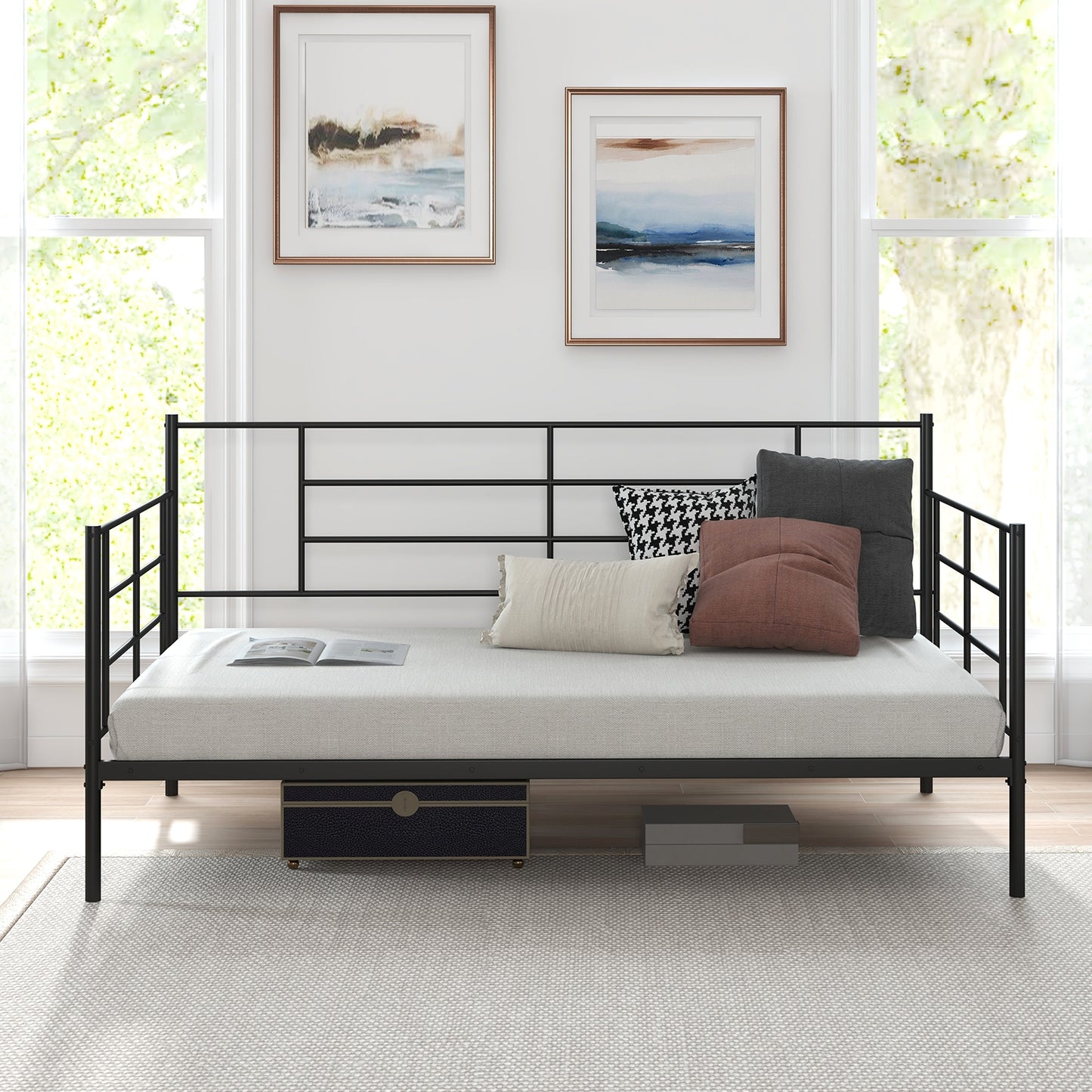 Metal Twin Size Daybed Sofa Frame with Armrests and Backrest for Living Room or Guest Room