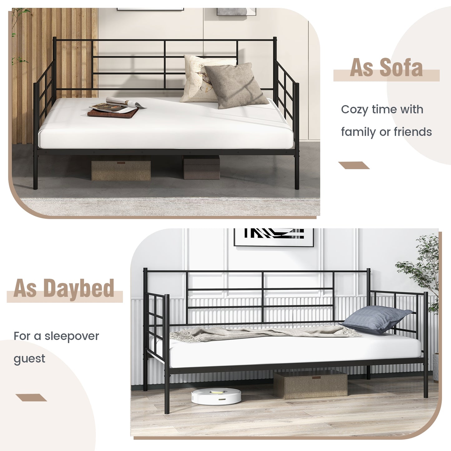 Metal Twin Size Daybed Sofa Frame with Armrests and Backrest for Living Room or Guest Room