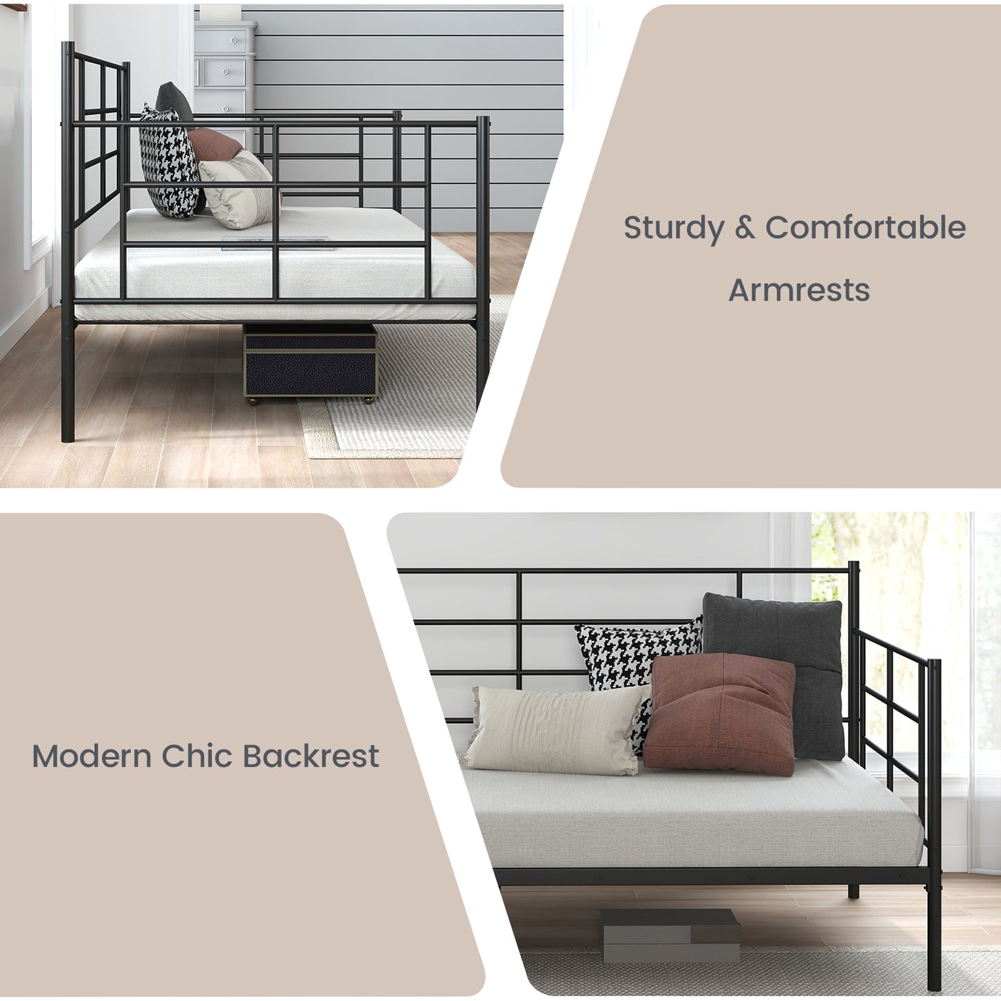 Metal Twin Size Daybed Sofa Frame with Armrests and Backrest for Living Room or Guest Room