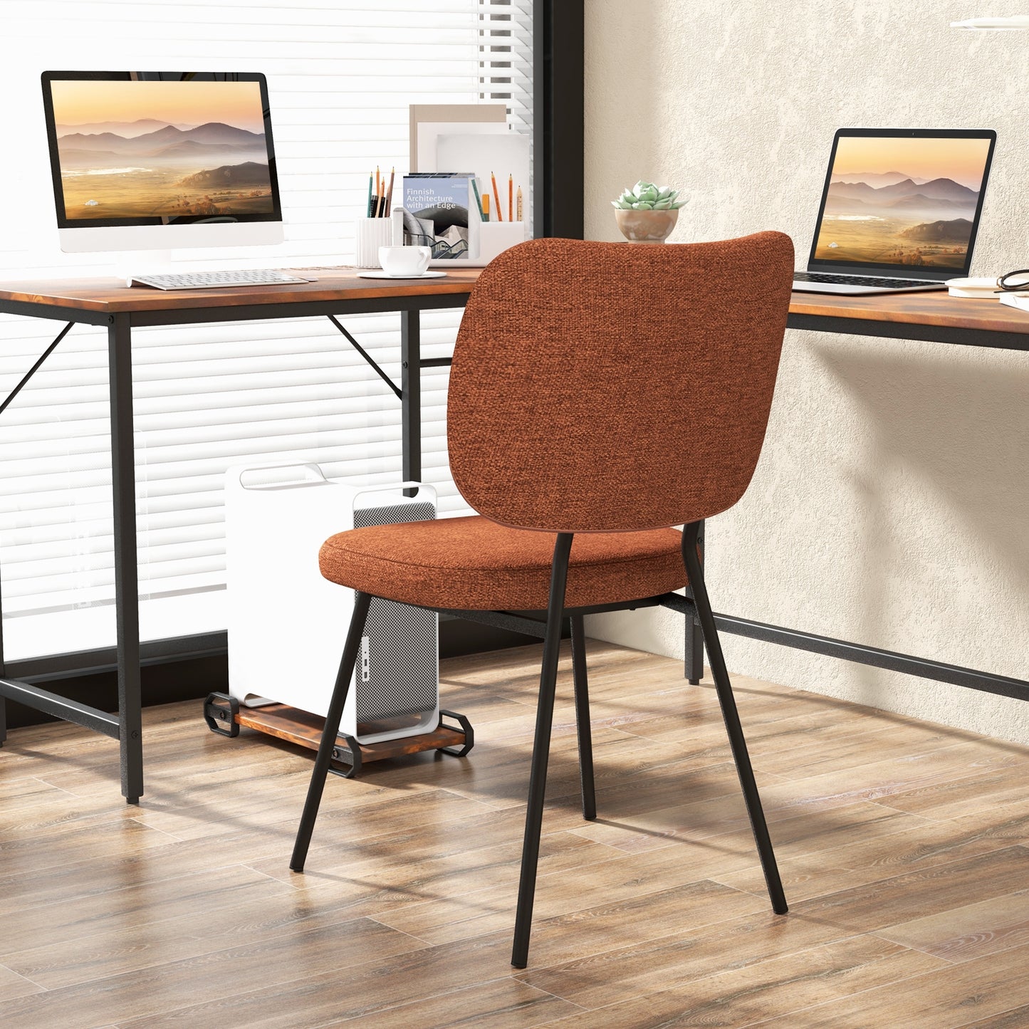 2-Piece Modern Armless Dining Chairs with Linen Upholstery in Orange