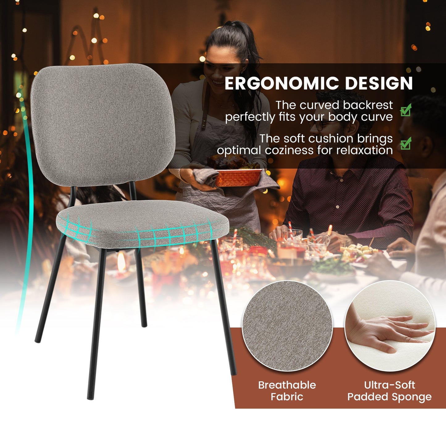 2-Piece Modern Armless Dining Chairs with Linen Upholstery in Grey