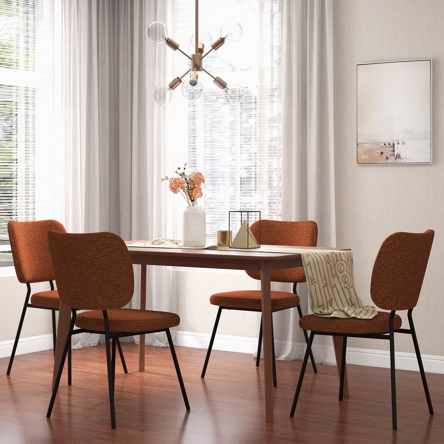 2-Piece Modern Armless Dining Chairs with Linen Upholstery in Orange