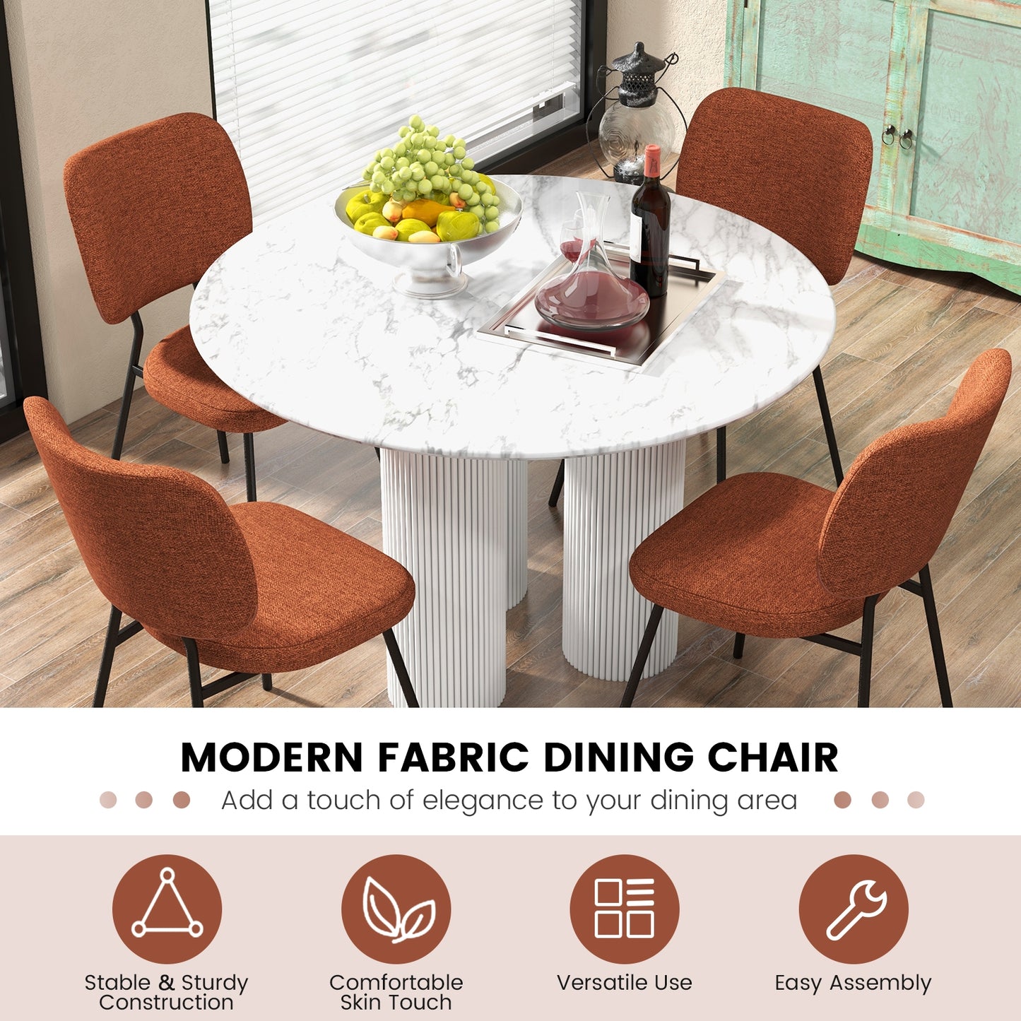 2-Piece Modern Armless Dining Chairs with Linen Upholstery in Orange