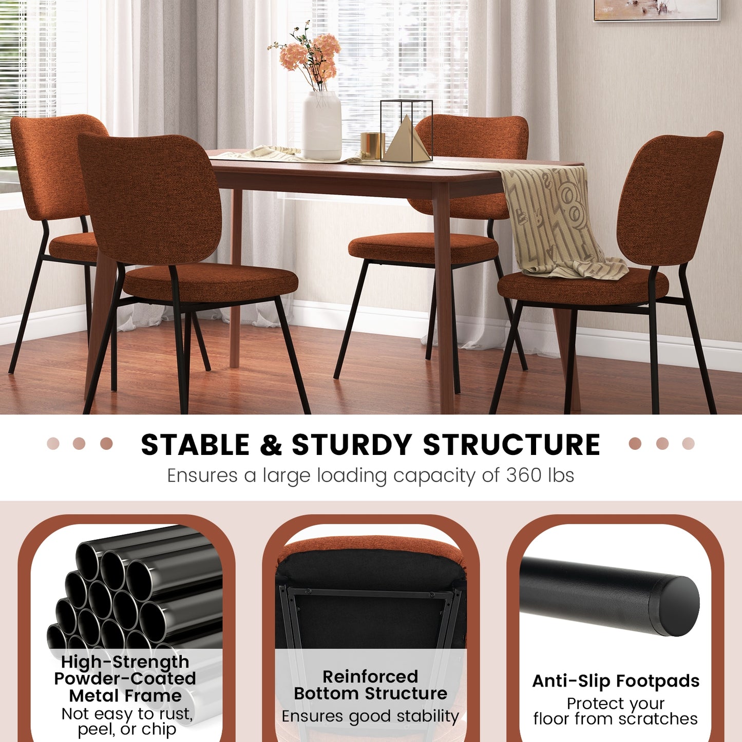2-Piece Modern Armless Dining Chairs with Linen Upholstery in Orange