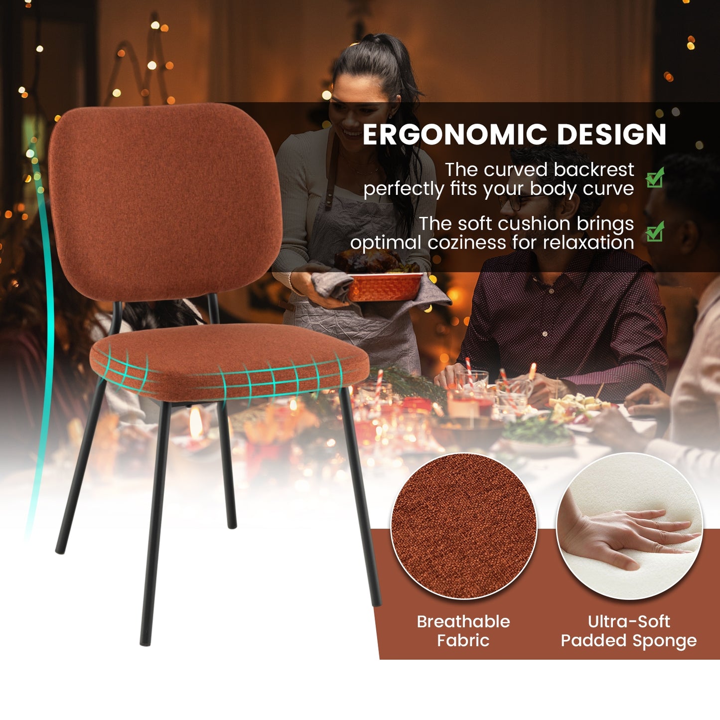 2-Piece Modern Armless Dining Chairs with Linen Upholstery in Orange