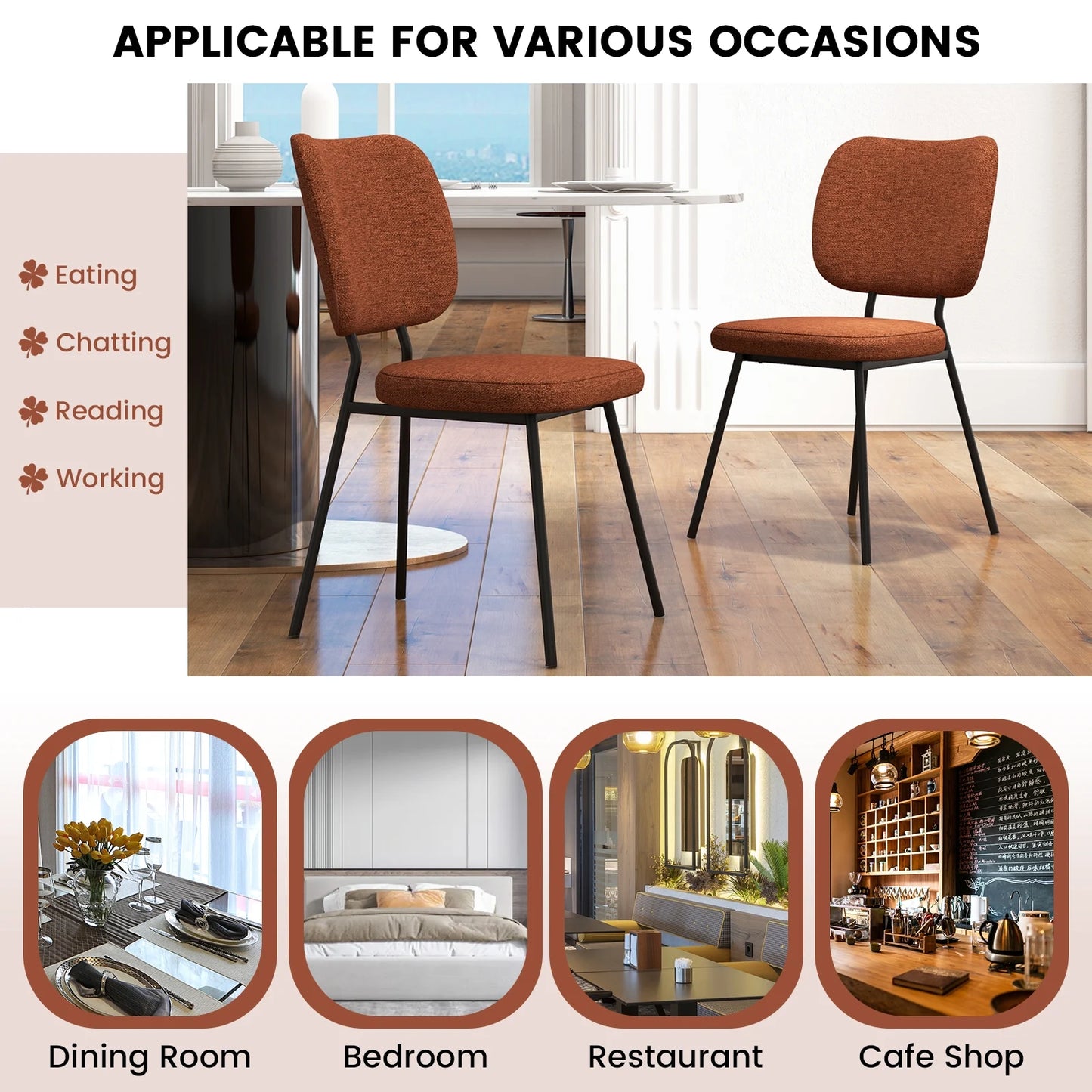 2-Piece Modern Armless Dining Chairs with Linen Upholstery in Orange