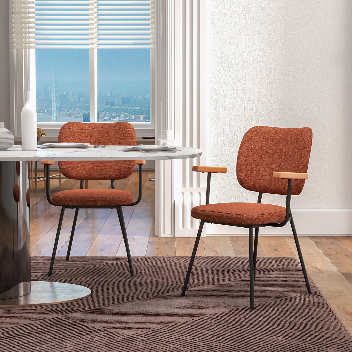 2-Piece Modern Dining Chairs with Armrests and Curved Backrest in Orange