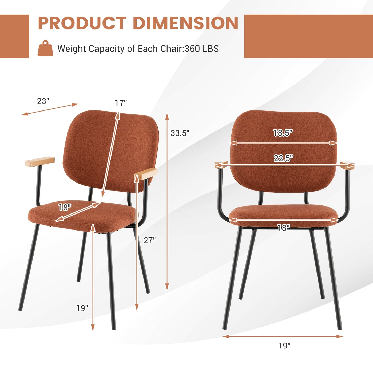 2-Piece Modern Dining Chairs with Armrests and Curved Backrest in Orange
