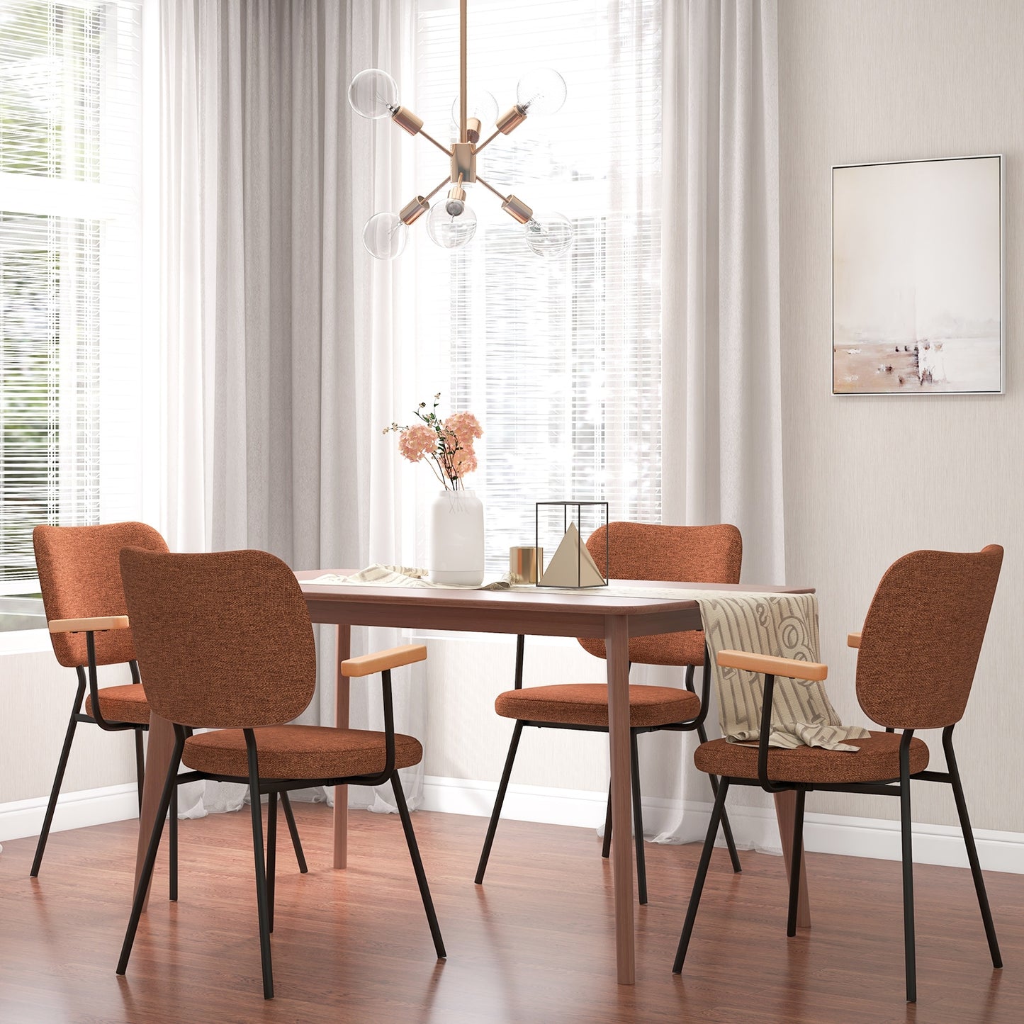 2-Piece Modern Dining Chairs with Armrests and Curved Backrest in Orange