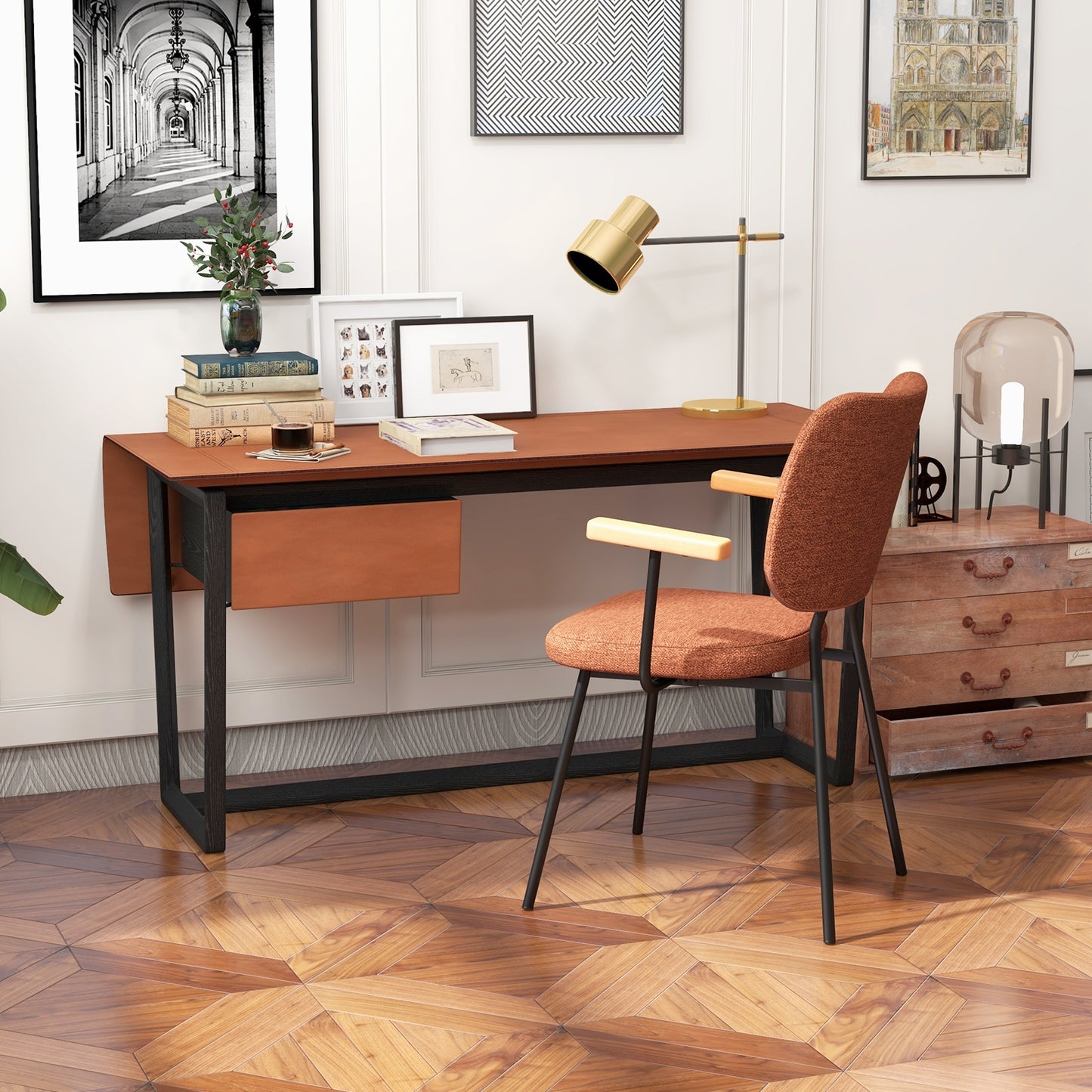 2-Piece Modern Dining Chairs with Armrests and Curved Backrest in Orange