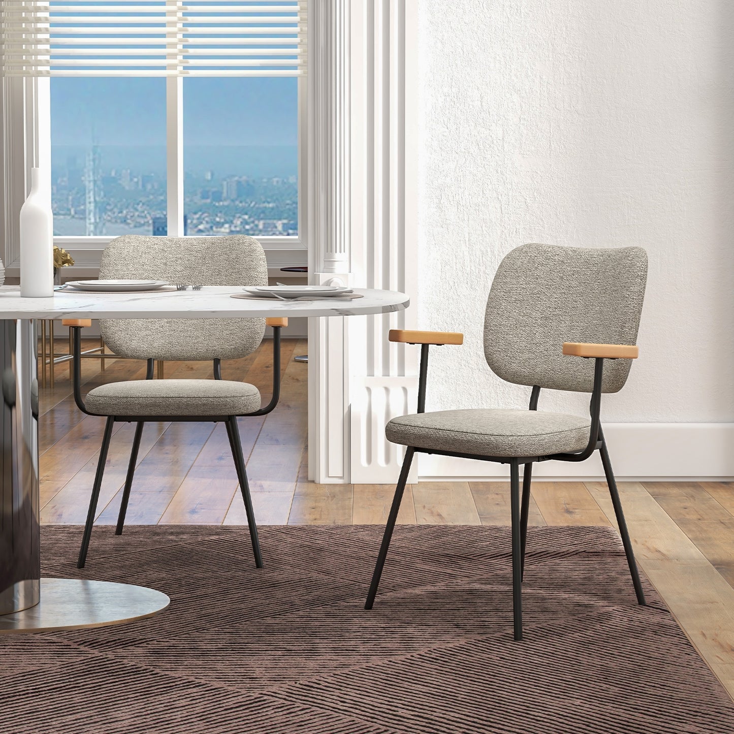 2-Piece Modern Dining Chairs with Armrests and Curved Backrest in Grey