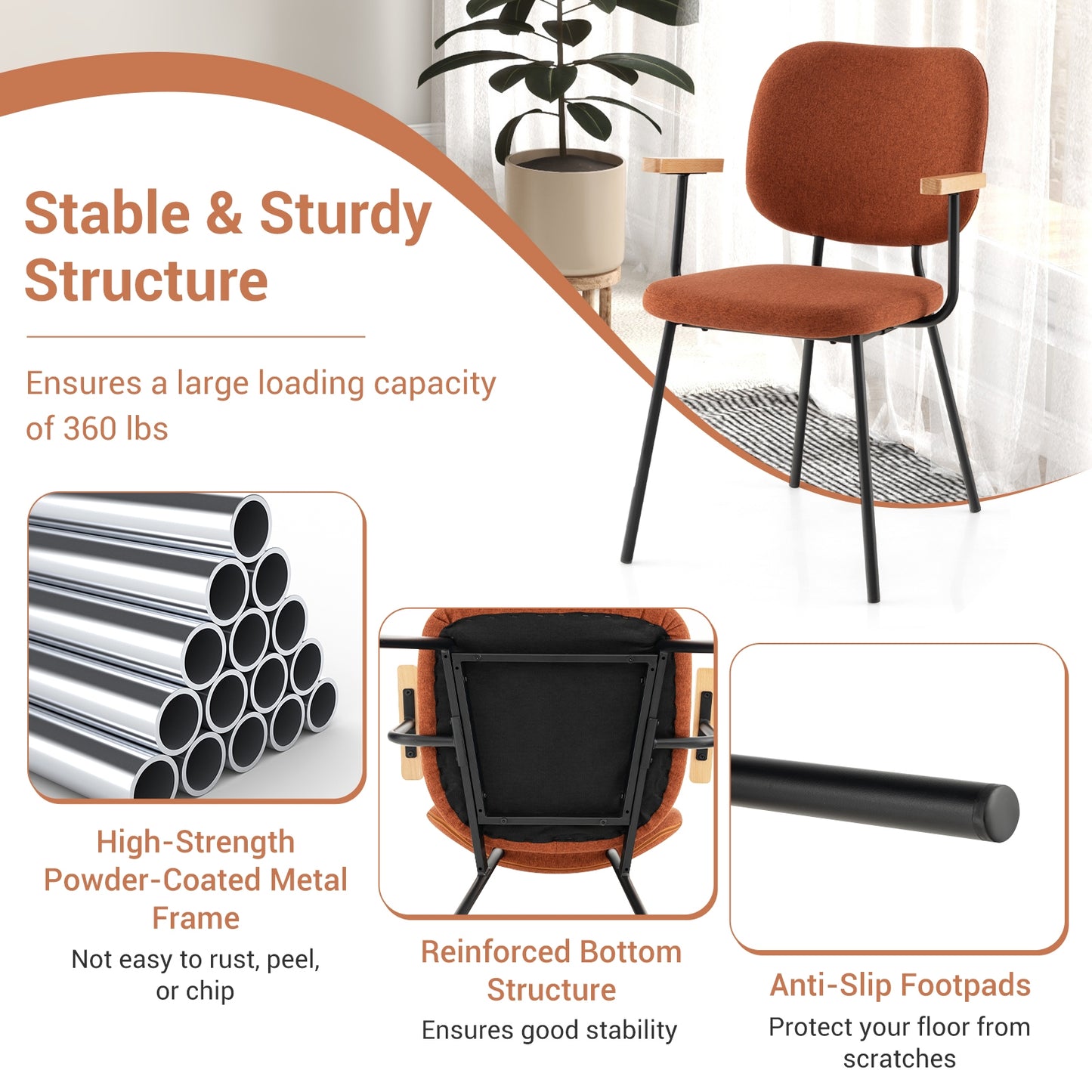 2-Piece Modern Dining Chairs with Armrests and Curved Backrest in Orange