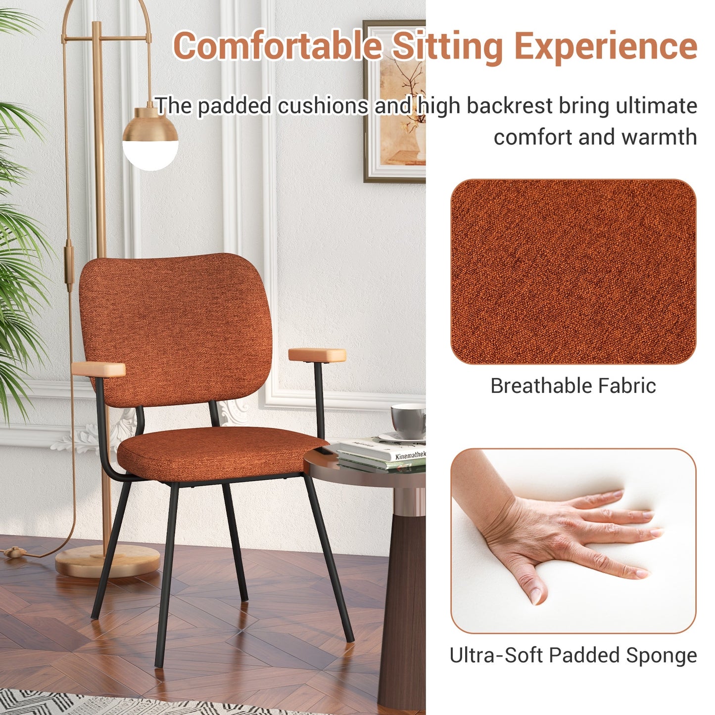 2-Piece Modern Dining Chairs with Armrests and Curved Backrest in Orange