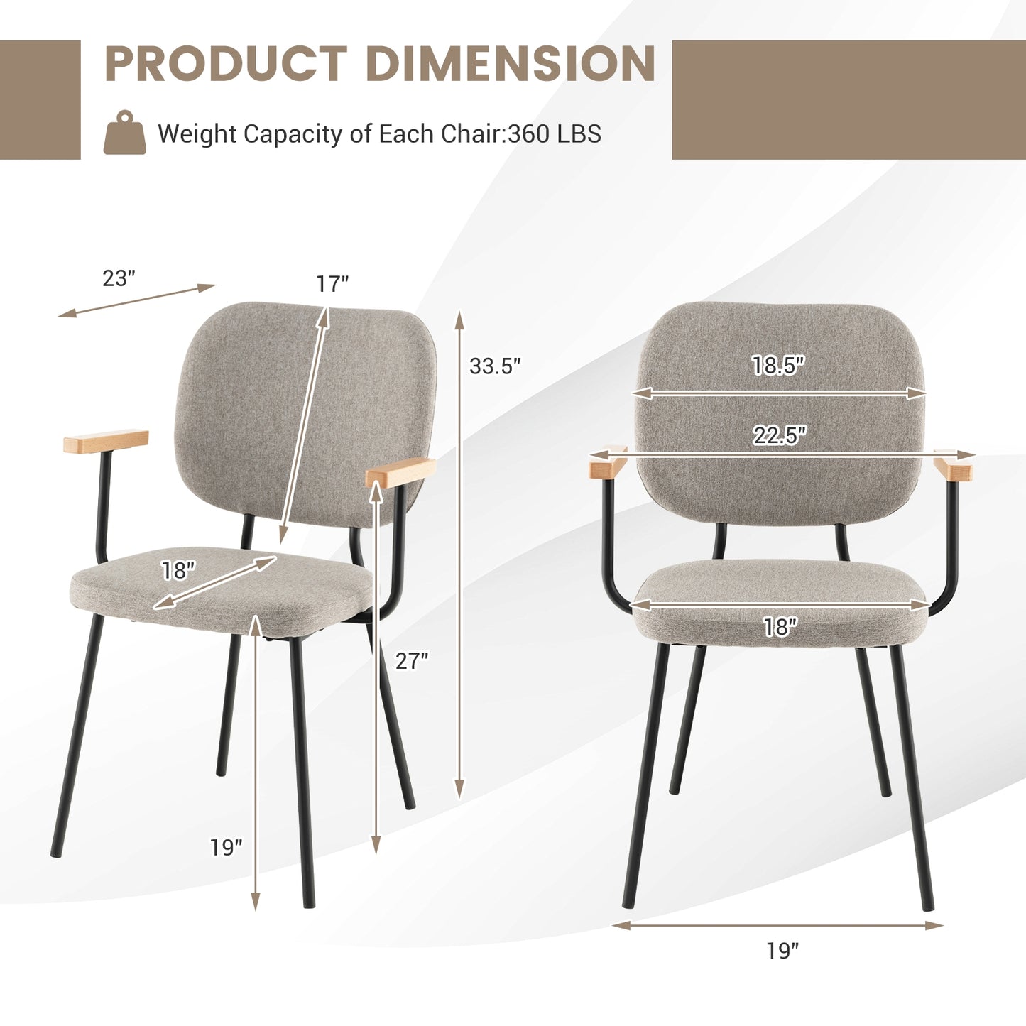 2-Piece Modern Dining Chairs with Armrests and Curved Backrest in Grey
